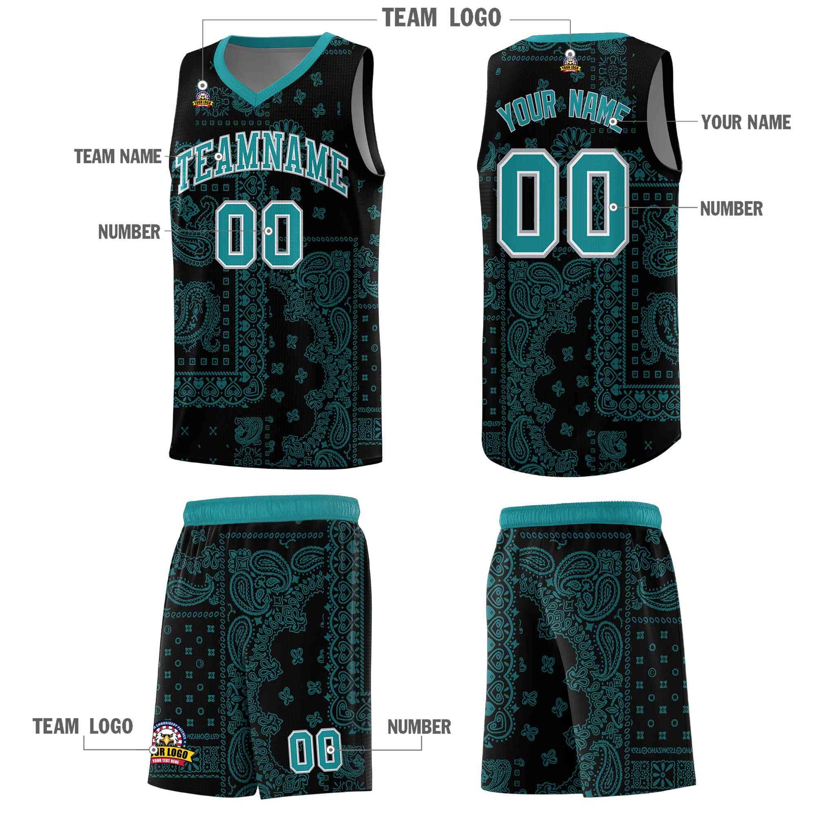 Custom Black Basketball Kits With Aqua Cashew Flower Print Pattern