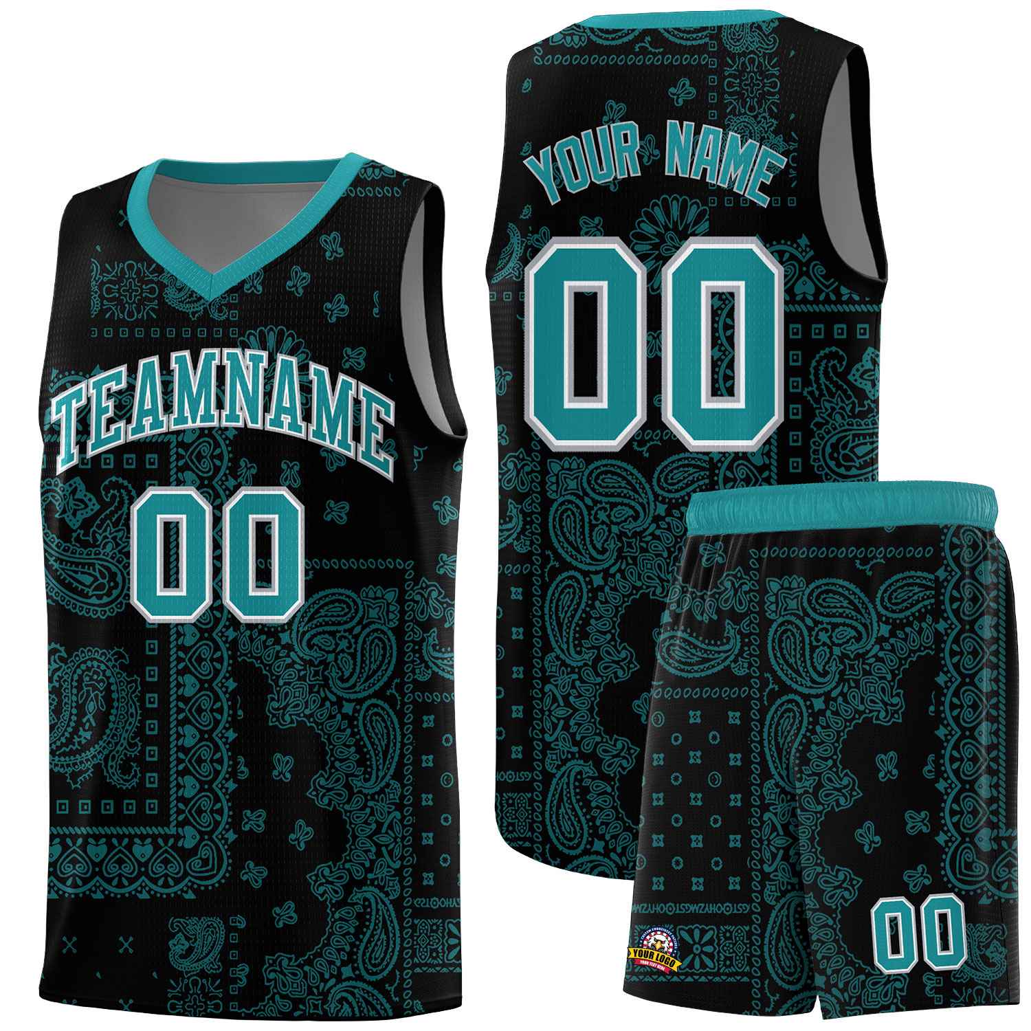 Custom Black Basketball Kits With Aqua Cashew Flower Print Pattern