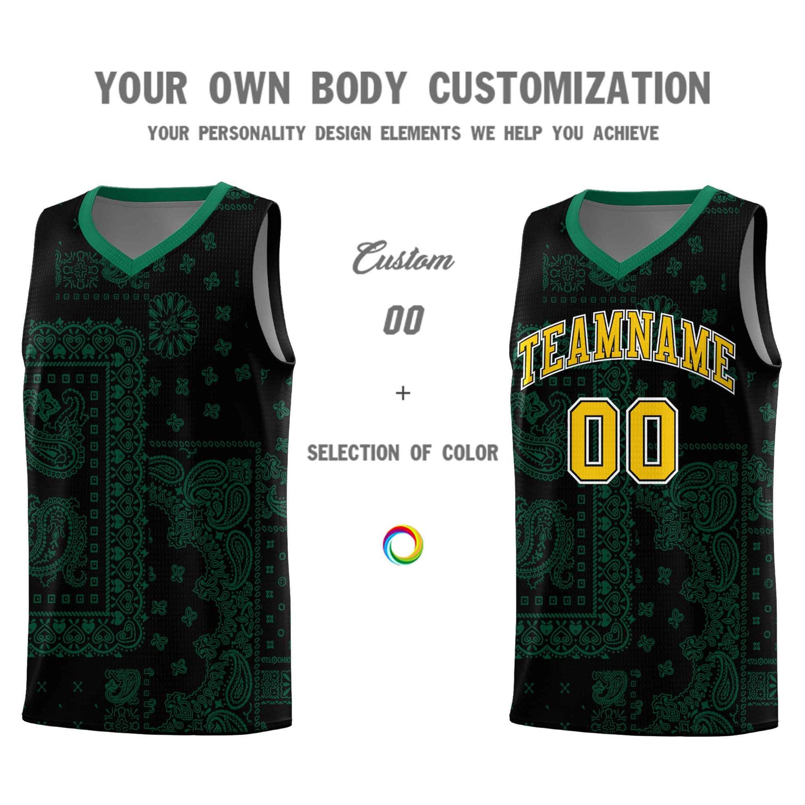 Custom Black Basketball Kits With Kelly Green Cashew Flower Print Pattern