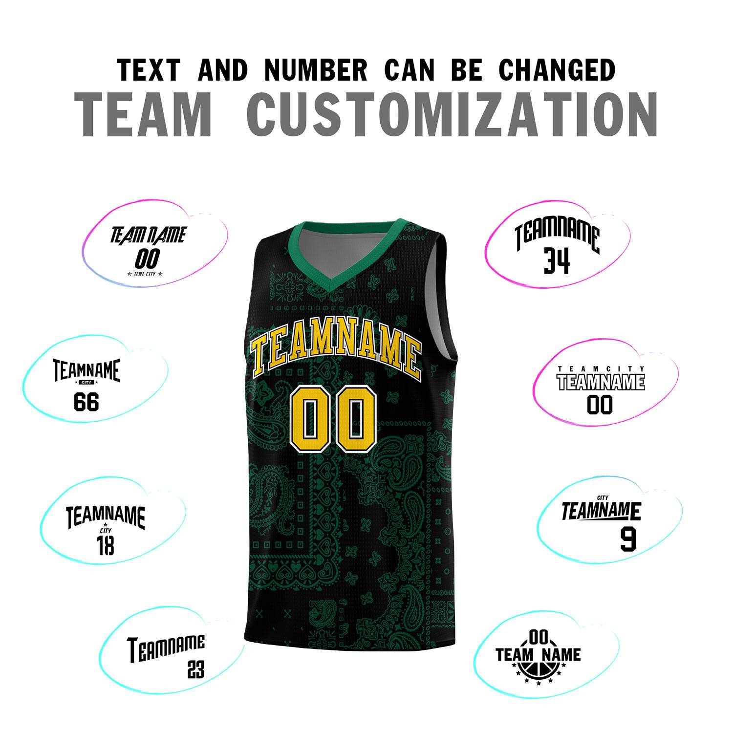 Custom Black Basketball Kits With Kelly Green Cashew Flower Print Pattern