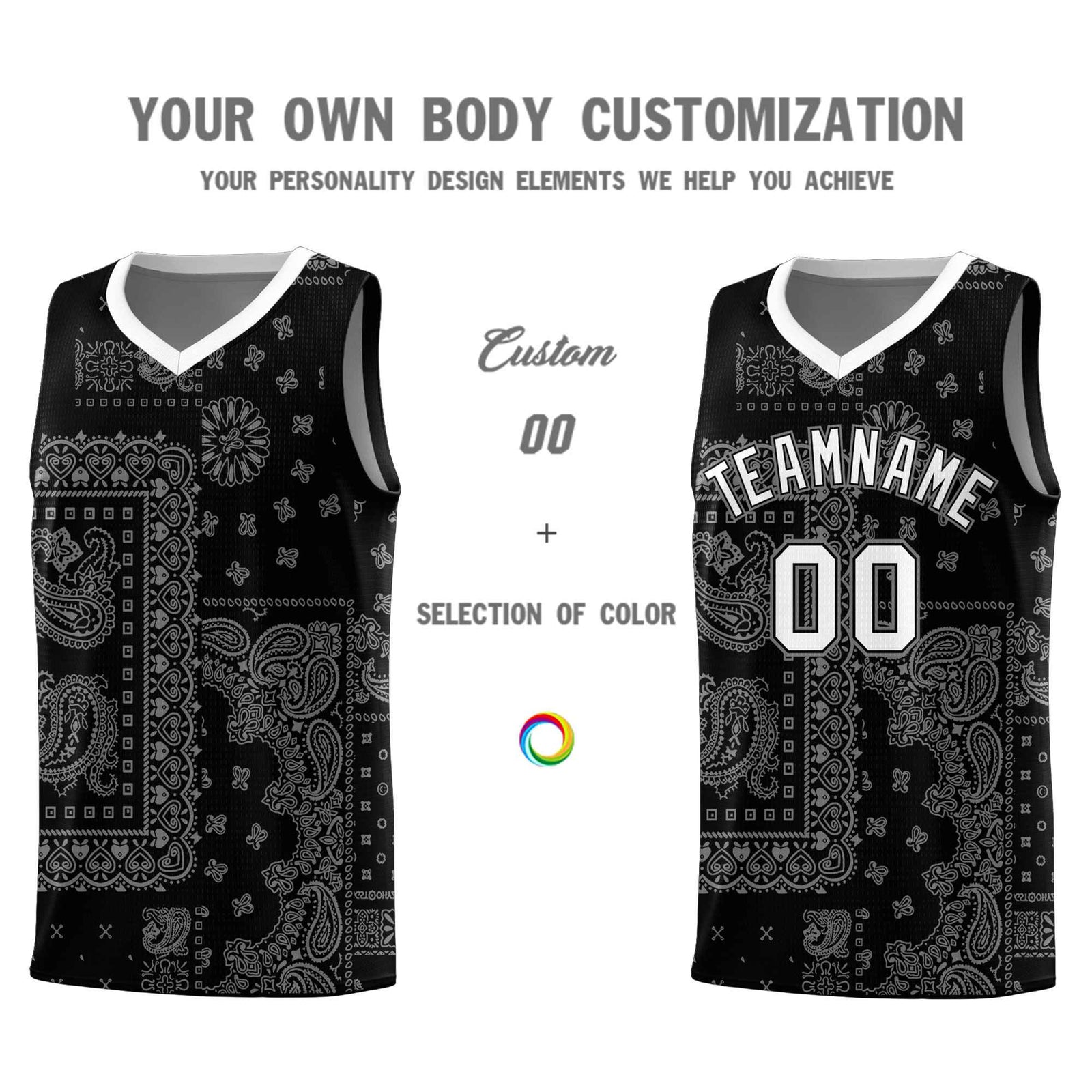 Custom Black Basketball Kits With White Cashew Flower Print Pattern