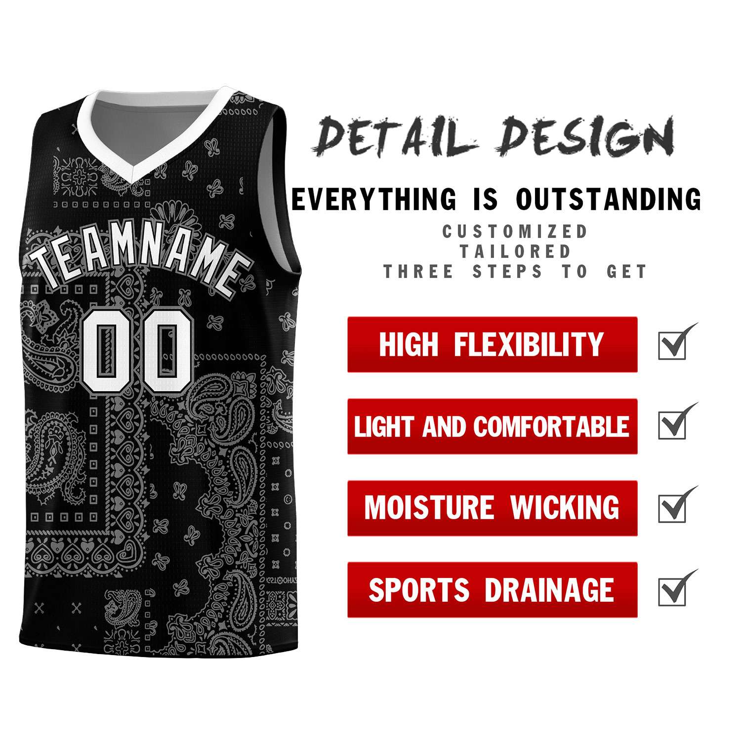 Custom Black Basketball Kits With White Cashew Flower Print Pattern