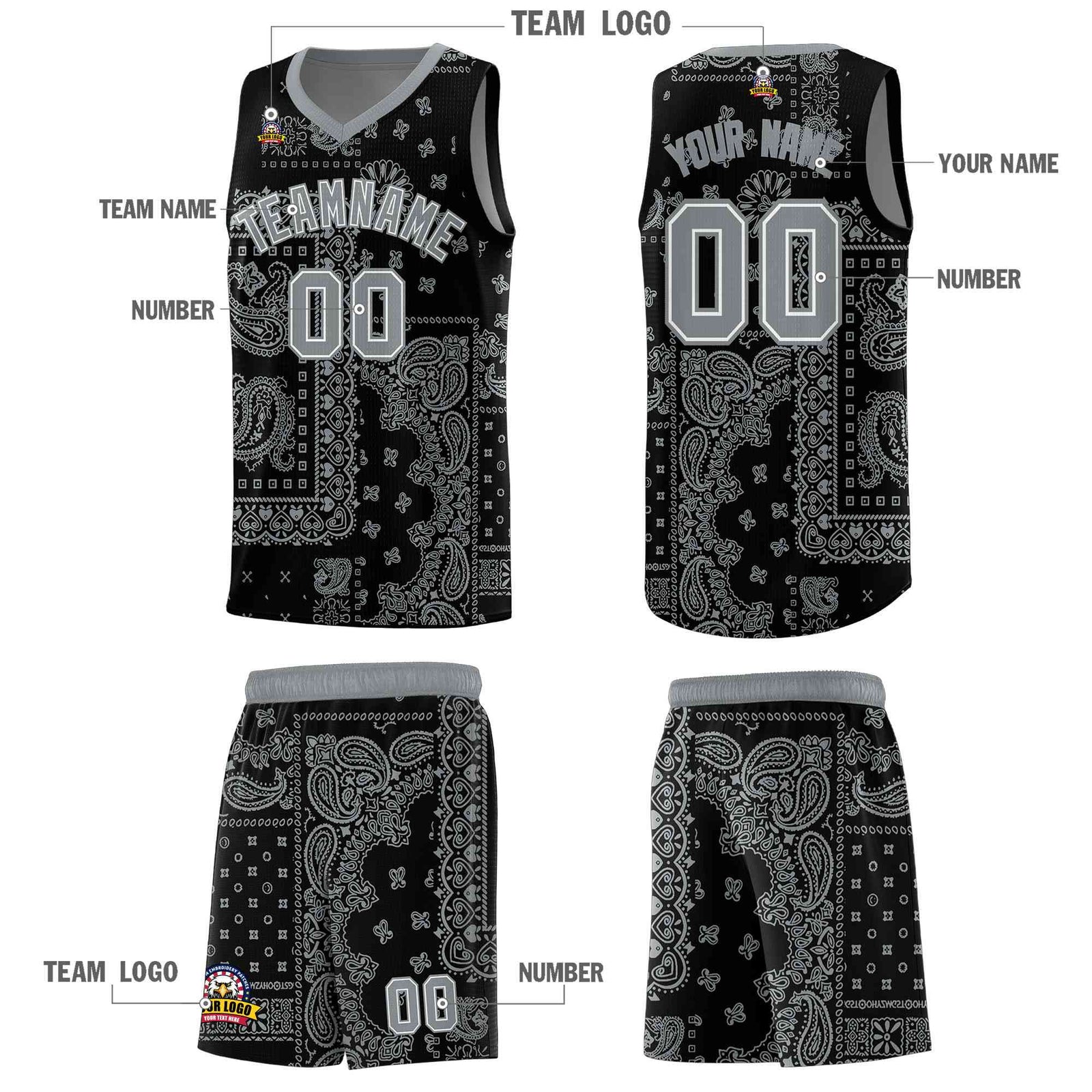 Custom Black Basketball Kits With Silver Cashew Flower Print Pattern