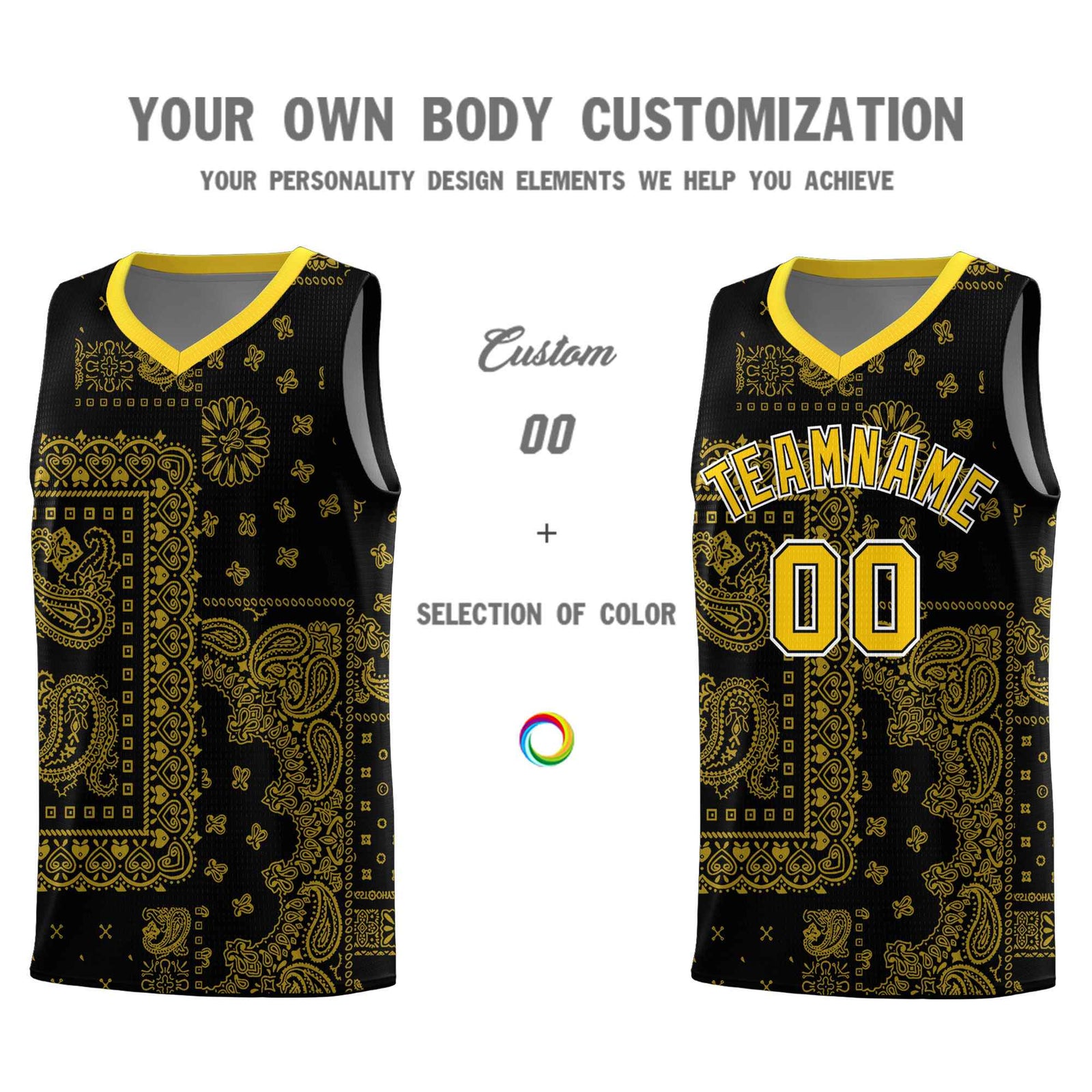 Custom Black Basketball Kits With Gold Cashew Flower Print Pattern
