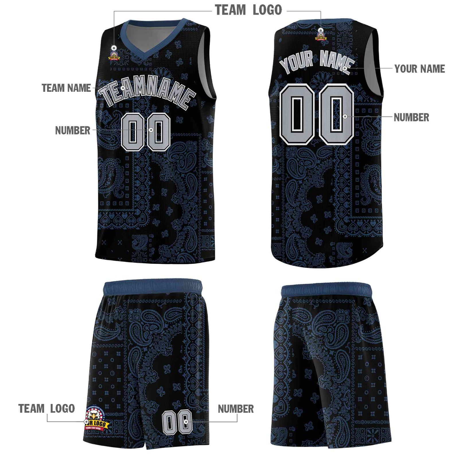 Custom Black Basketball Kits With Midnight Blue Cashew Flower Print Pattern