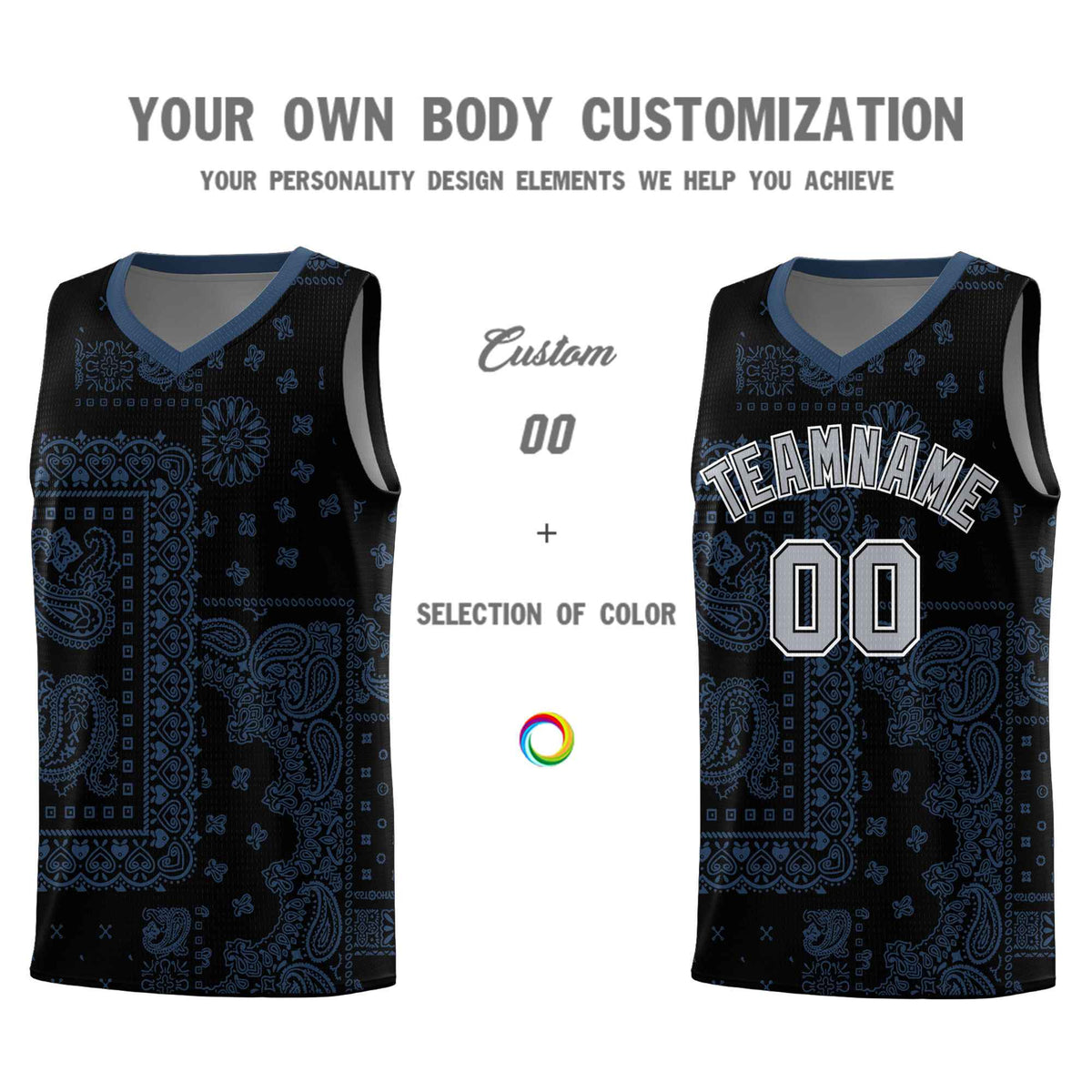 Custom Black Basketball Kits With Midnight Blue Cashew Flower Print Pattern