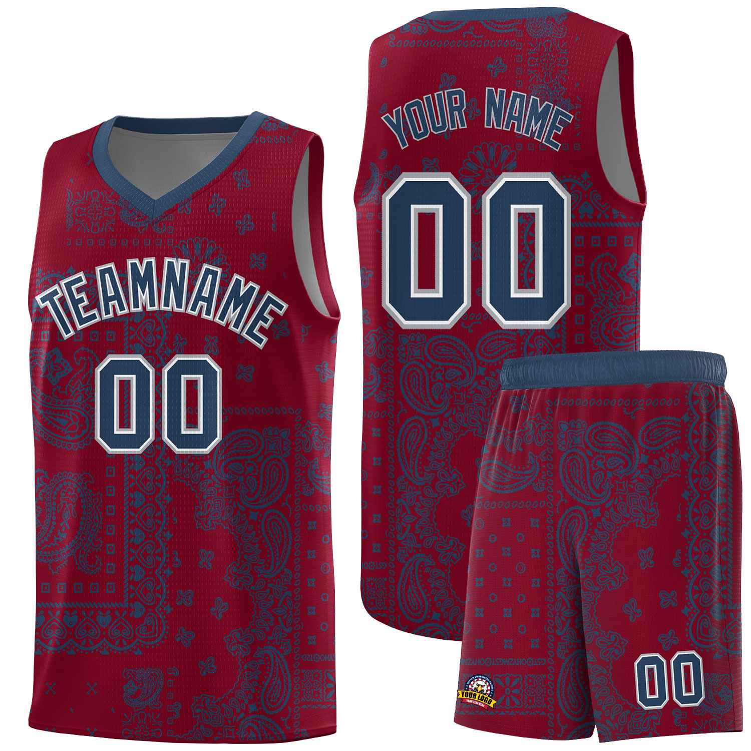 Custom Crimson Basketball Kits With Midnight Blue Cashew Flower Print Pattern