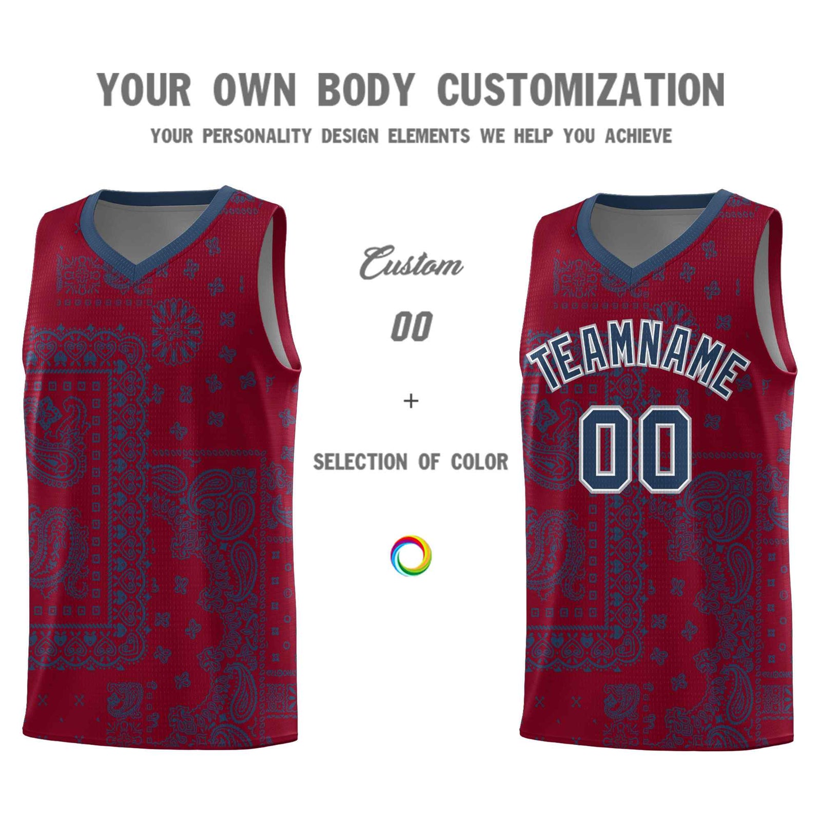 Custom Crimson Basketball Kits With Midnight Blue Cashew Flower Print Pattern