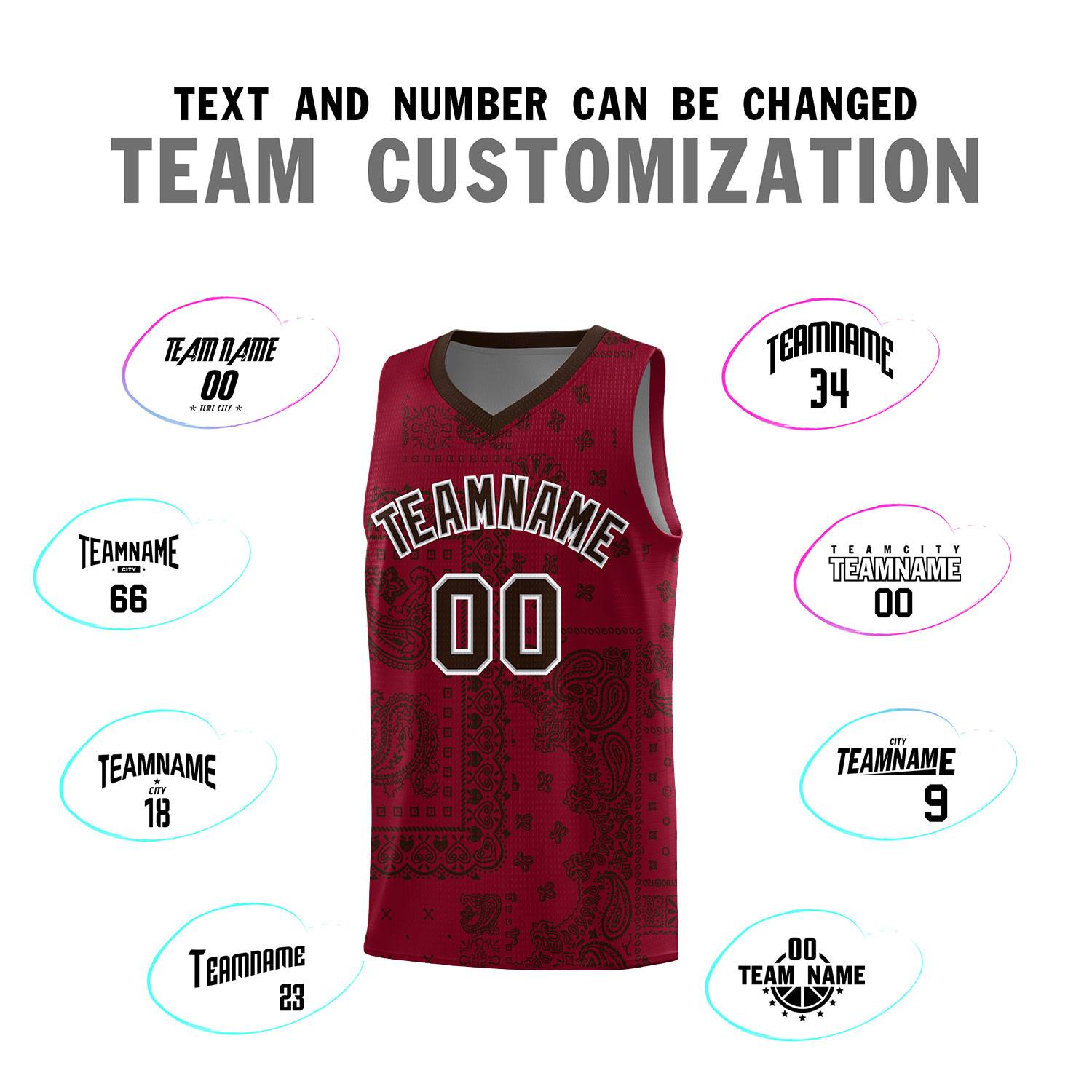 Custom Crimson Basketball Kits With Brown Cashew Flower Print Pattern
