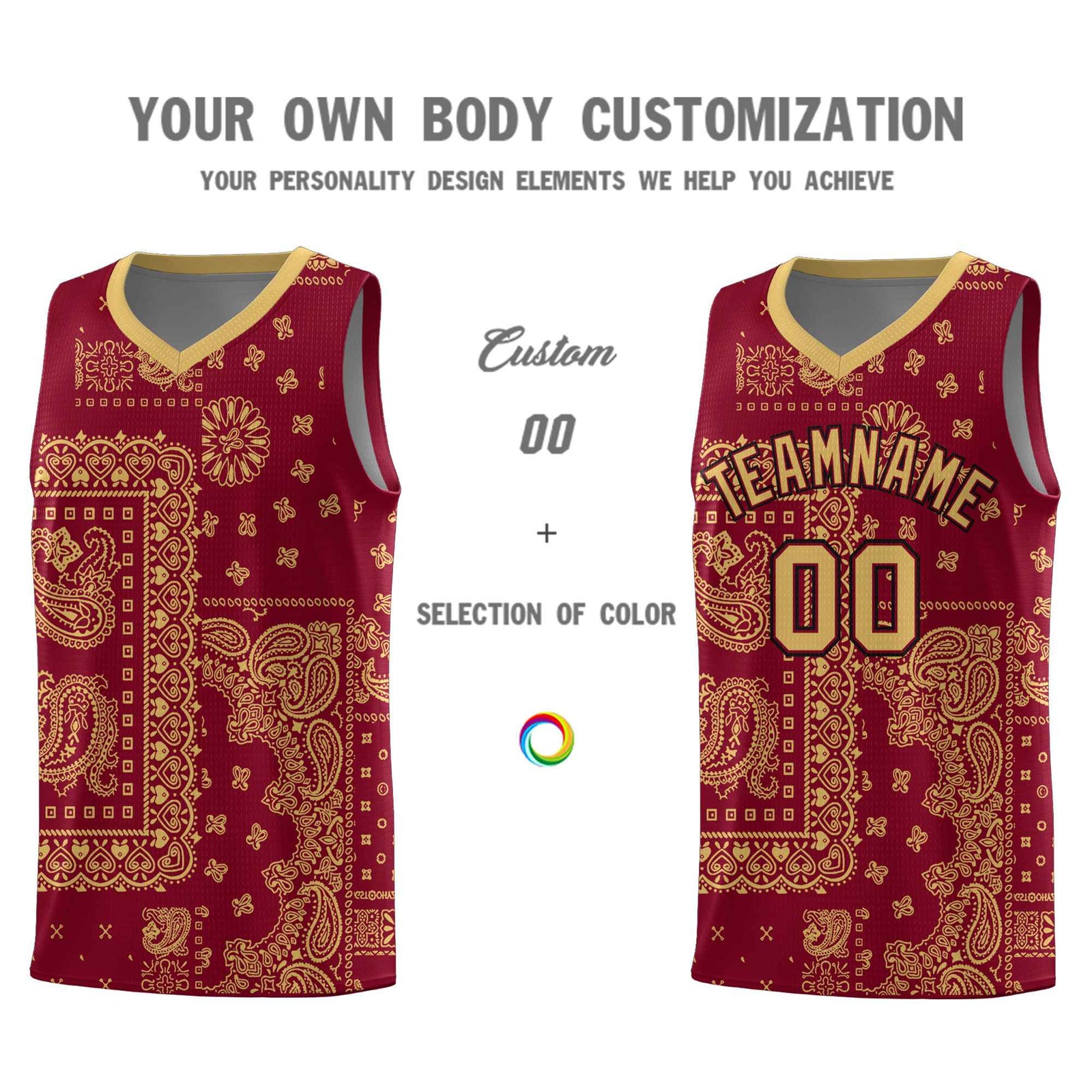 Custom Crimson Basketball Kits With Old Gold Cashew Flower Print Pattern