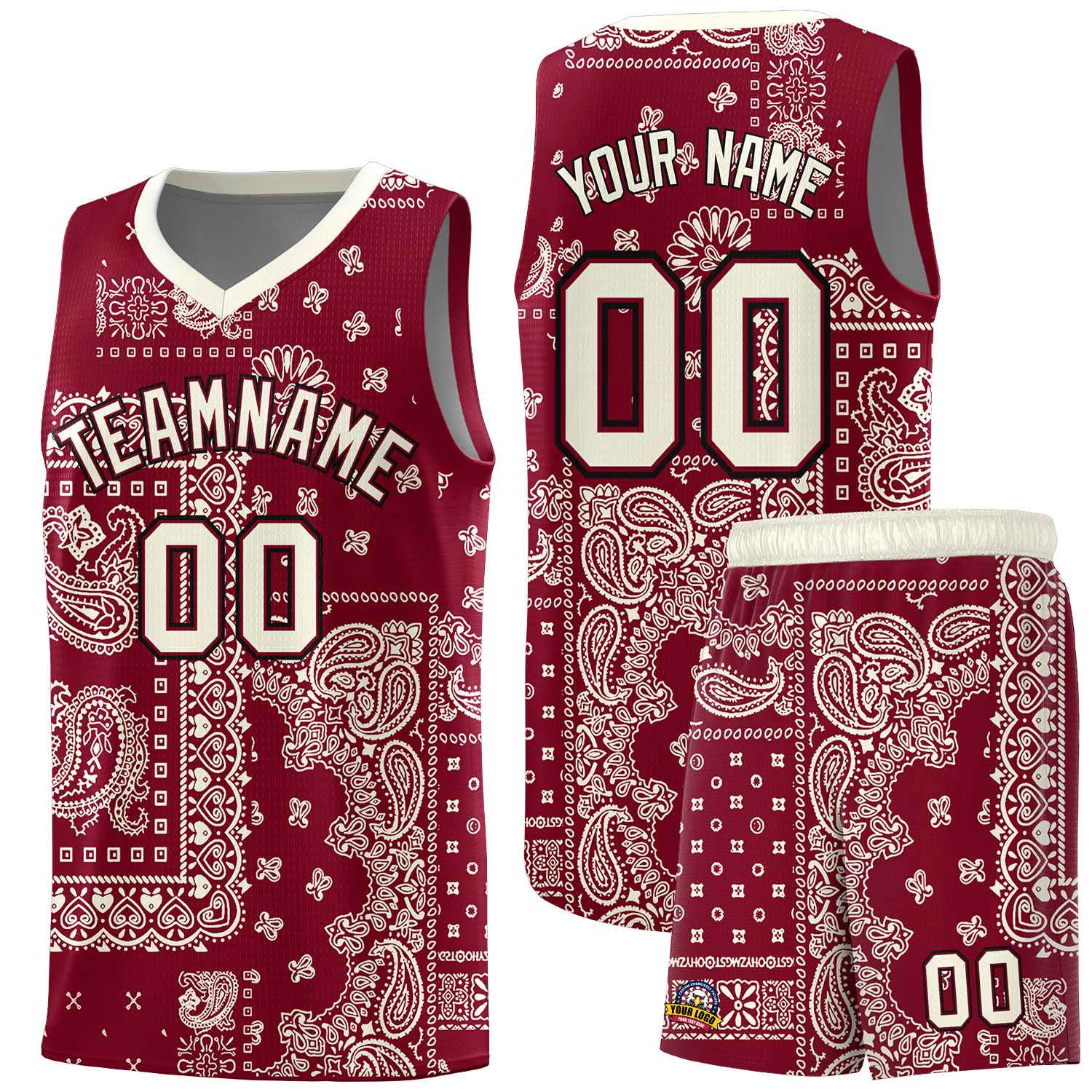 Custom Crimson Basketball Kits With Cream Cashew Flower Print Pattern