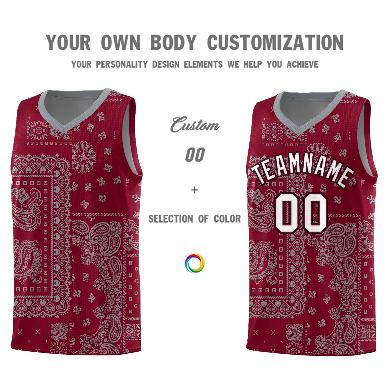 Custom Crimson Basketball Kits With Gray Cashew Flower Print Pattern