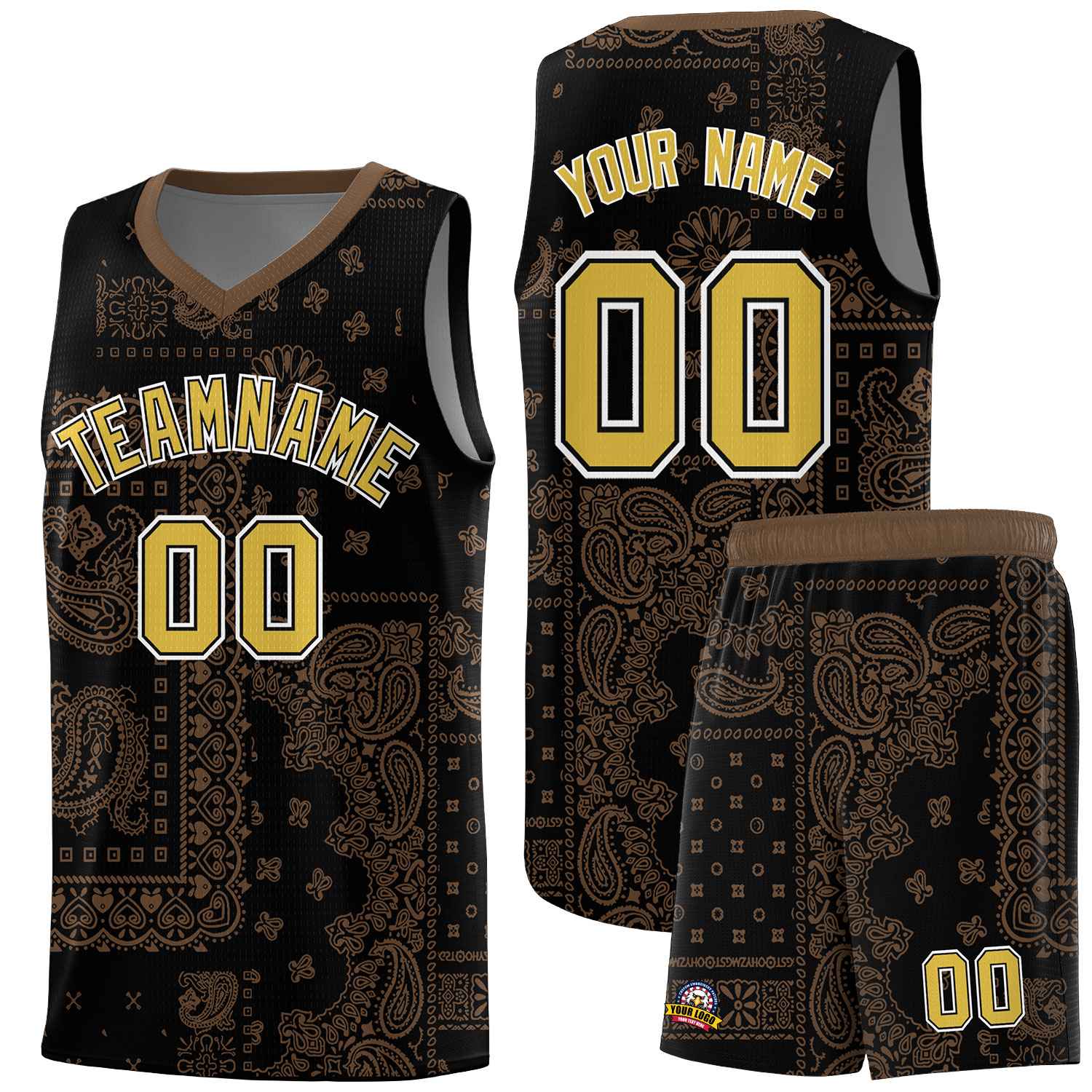 Custom Black Basketball Kits With Light Brown Cashew Flower Print Pattern
