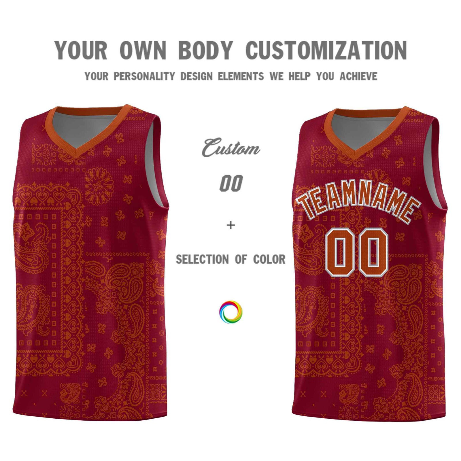 Custom Crimson Basketball Kits With Texas Orange Cashew Flower Print Pattern