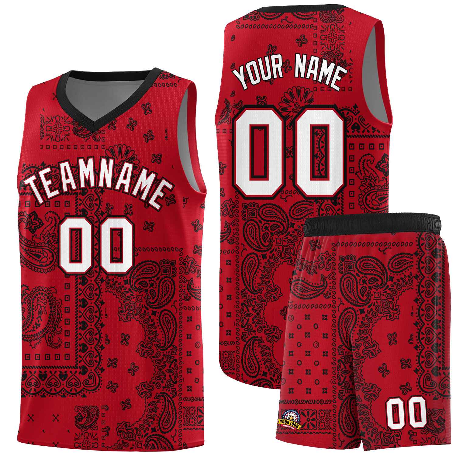 Custom Red Basketball Kits With Black Cashew Flower Print Pattern