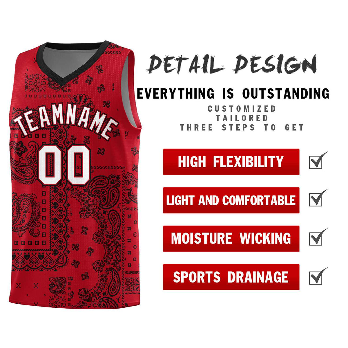 Custom Red Basketball Kits With Black Cashew Flower Print Pattern