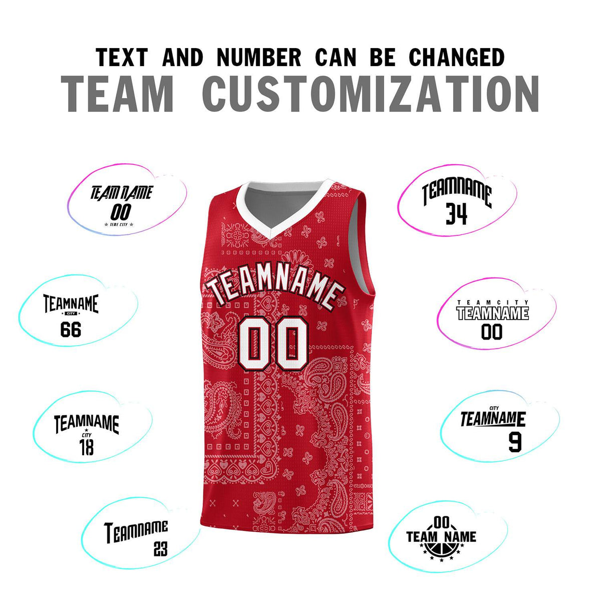Custom Red Basketball Kits With White Cashew Flower Print Pattern