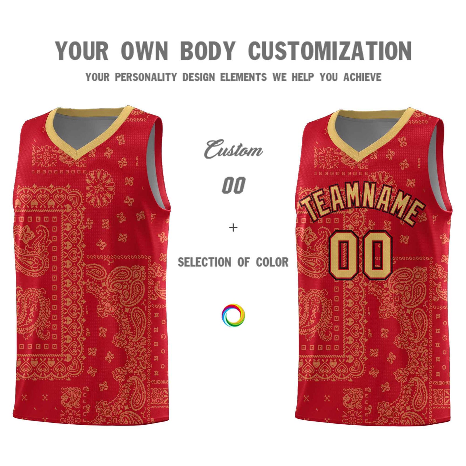 Custom Red Basketball Kits With Old Gold Cashew Flower Print Pattern