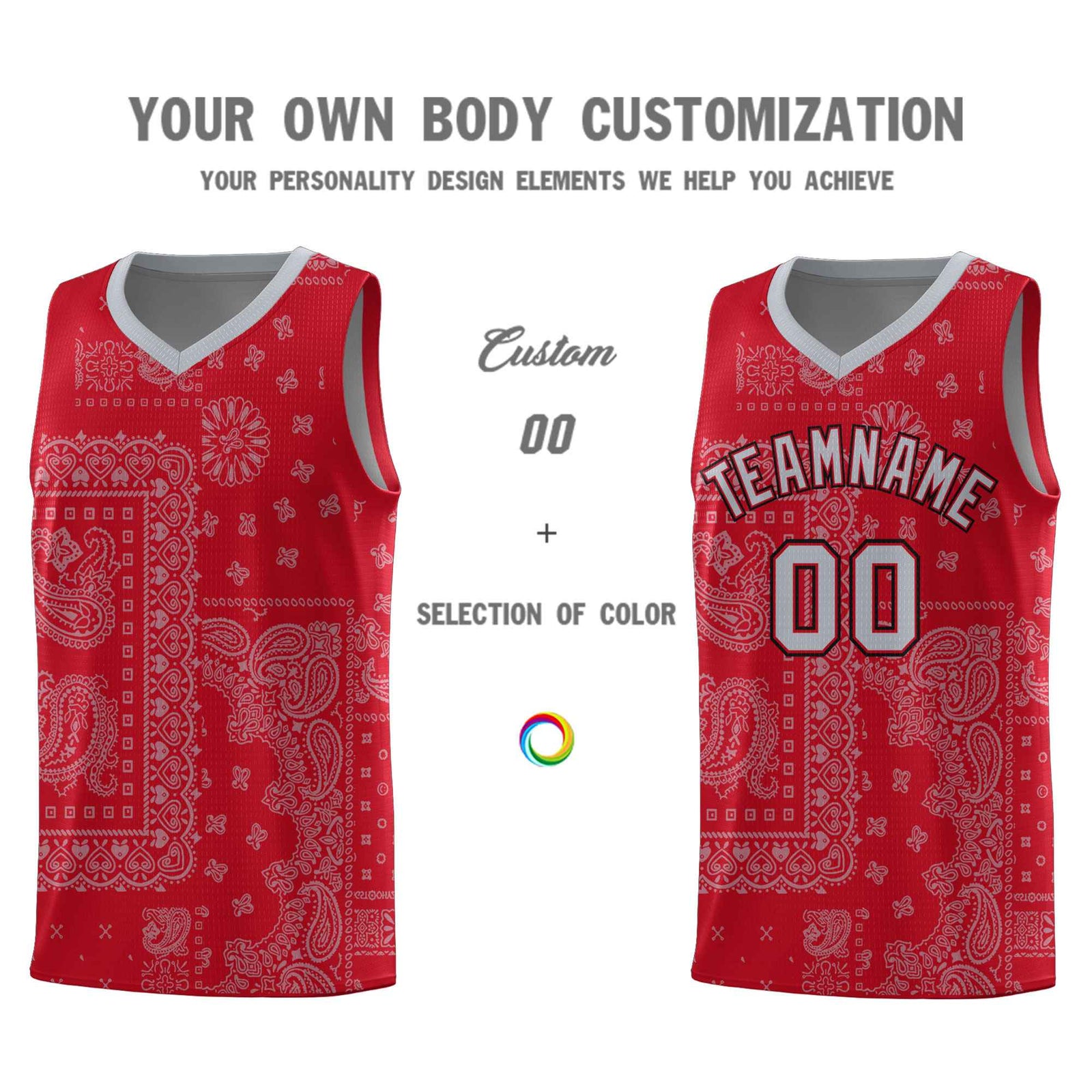 Custom Red Basketball Kits With Silver Gray Cashew Flower Print Pattern