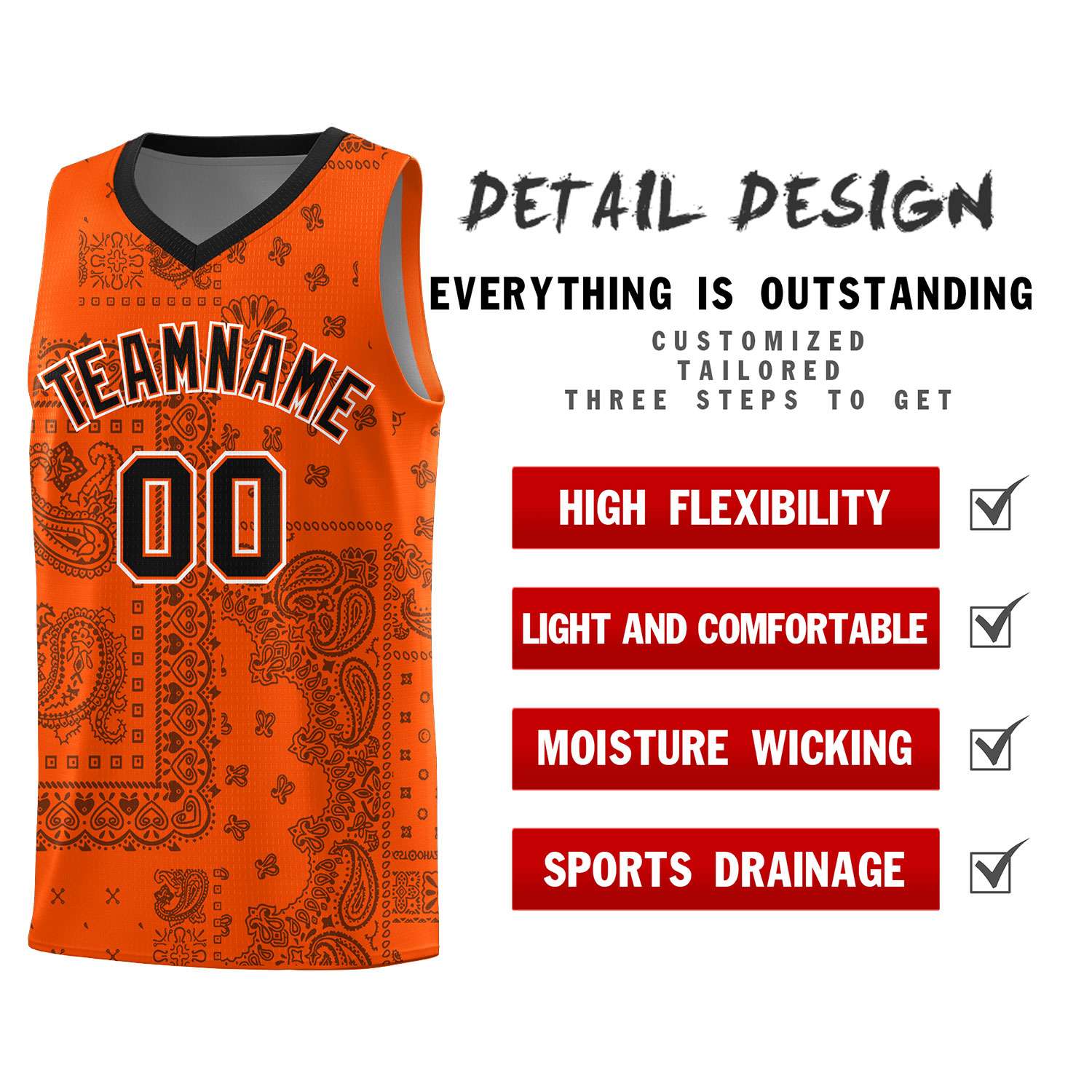 Custom Orange Basketball Kits With Black Cashew Flower Print Pattern