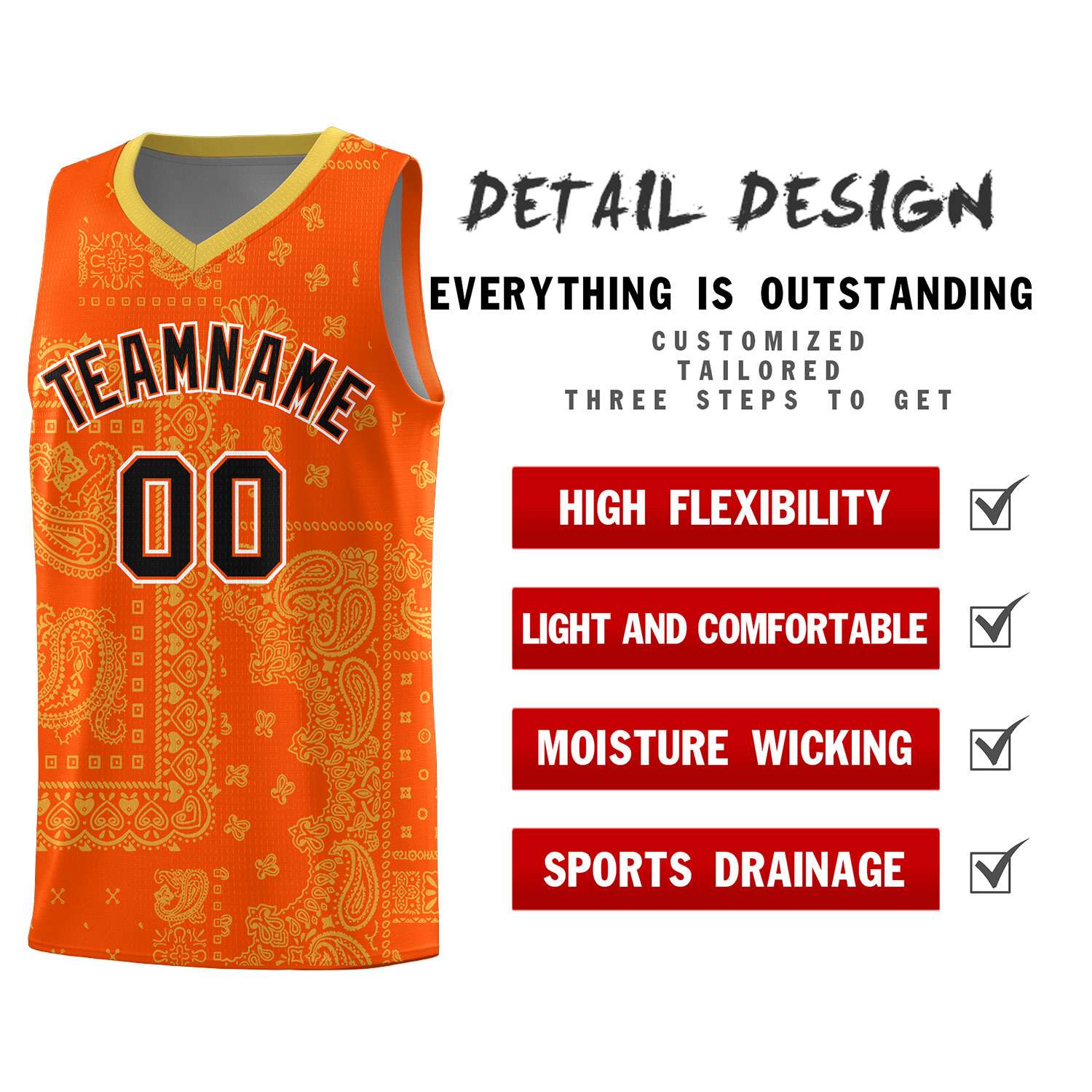 Custom Orange Basketball Kits With Old Gold Cashew Flower Print Pattern