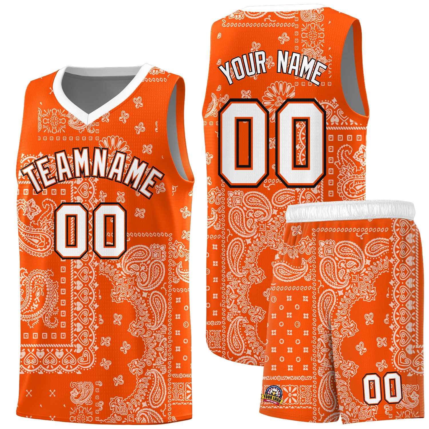 Custom Orange Basketball Kits With White Cashew Flower Print Pattern