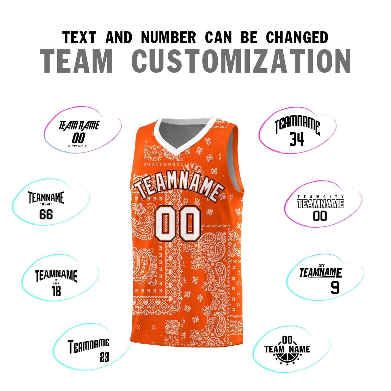 Custom Orange Basketball Kits With White Cashew Flower Print Pattern