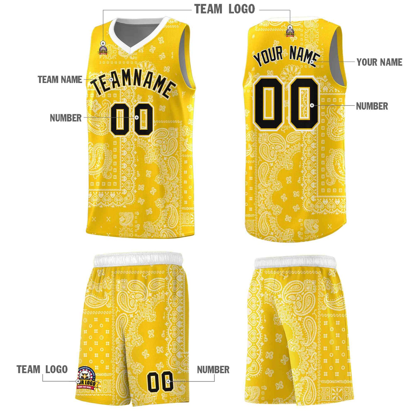 Custom Gold Basketball Kits With White Cashew Flower Print Pattern