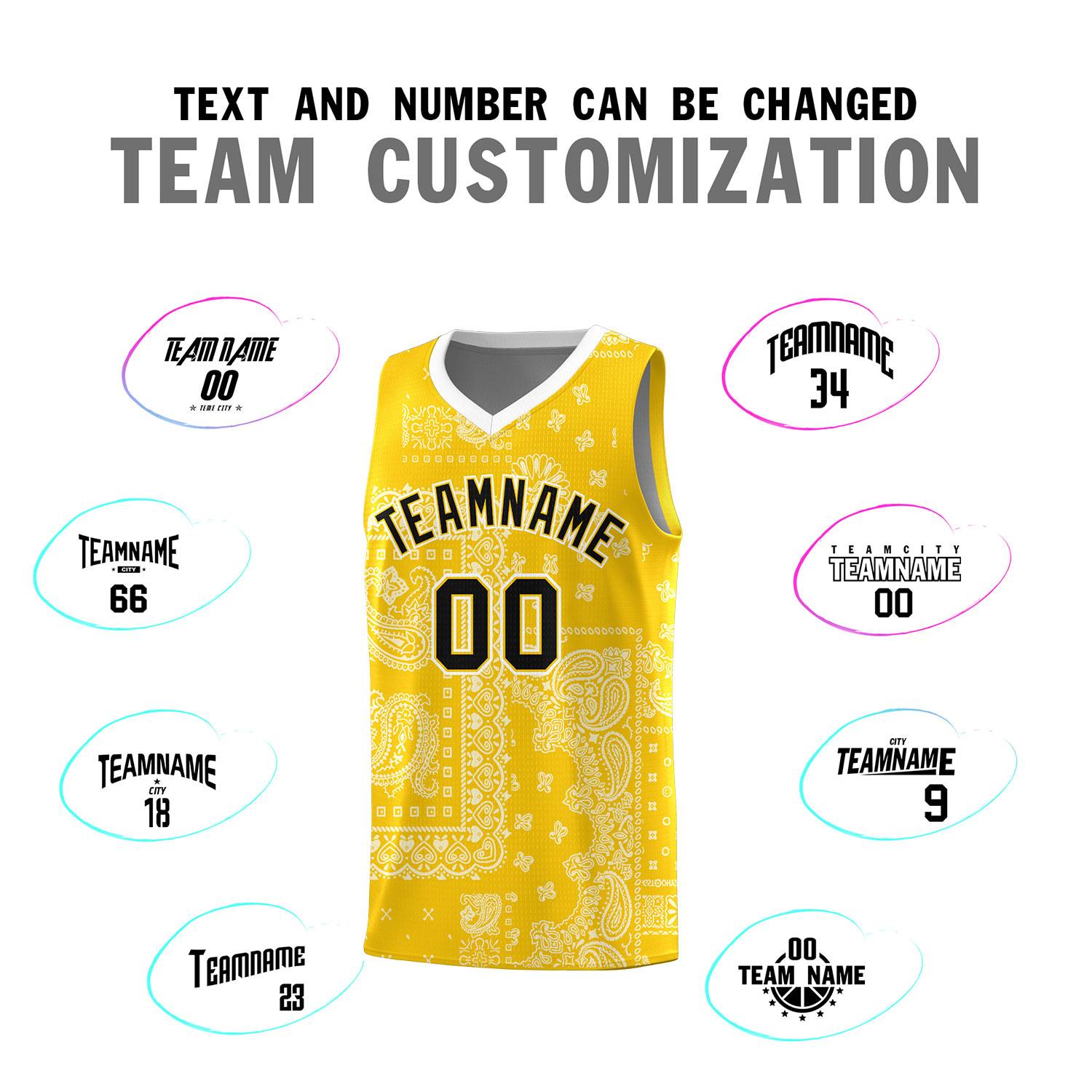 Custom Gold Basketball Kits With White Cashew Flower Print Pattern
