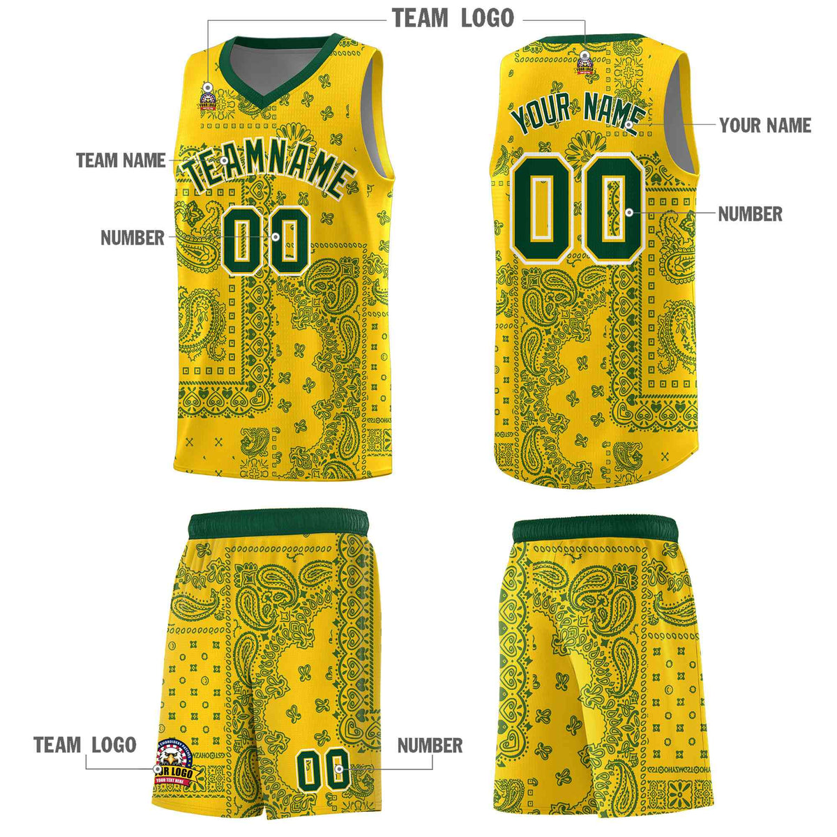 Custom Gold Basketball Kits With Kelly Green Cashew Flower Print Pattern