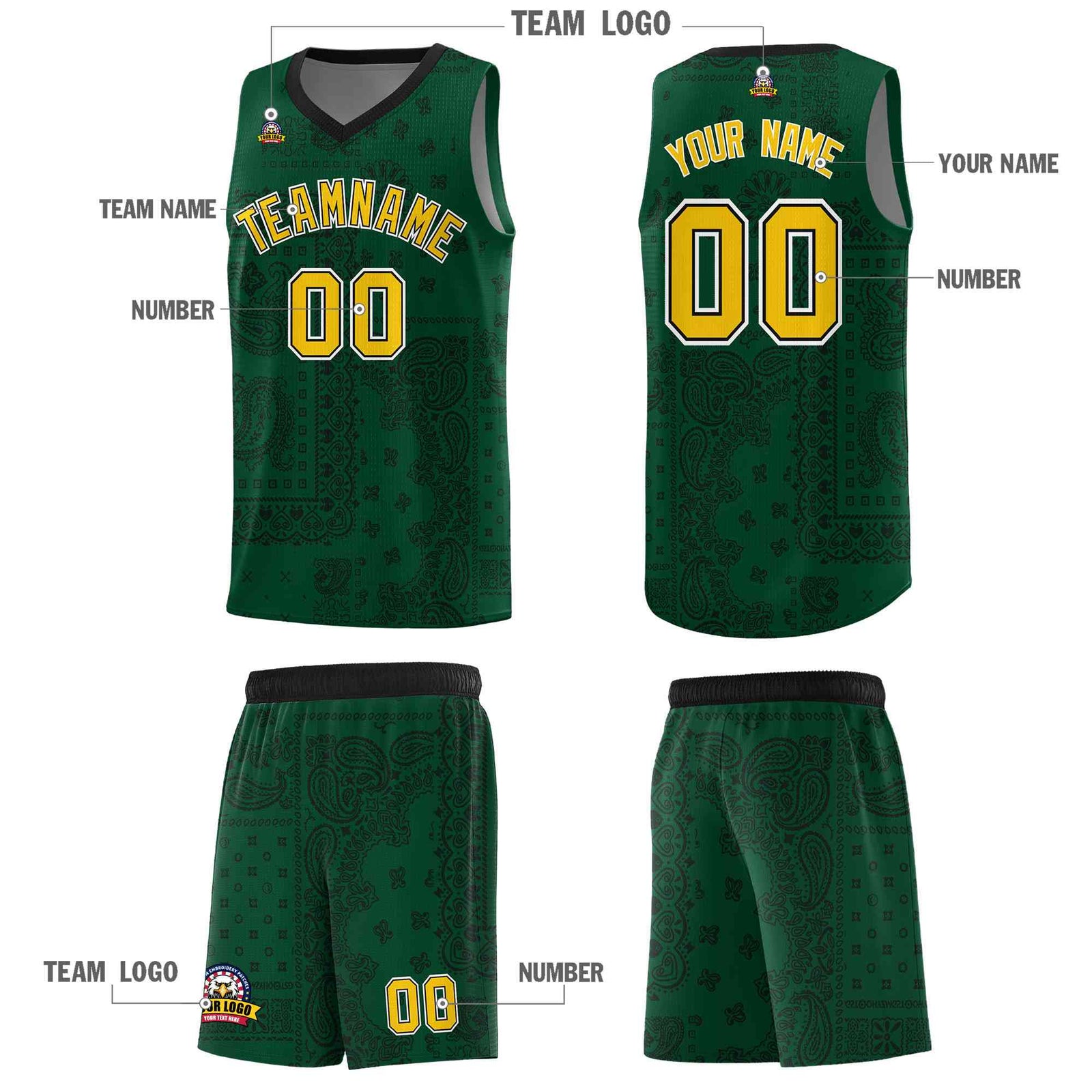 Custom Green Basketball Kits With Black Cashew Flower Print Pattern