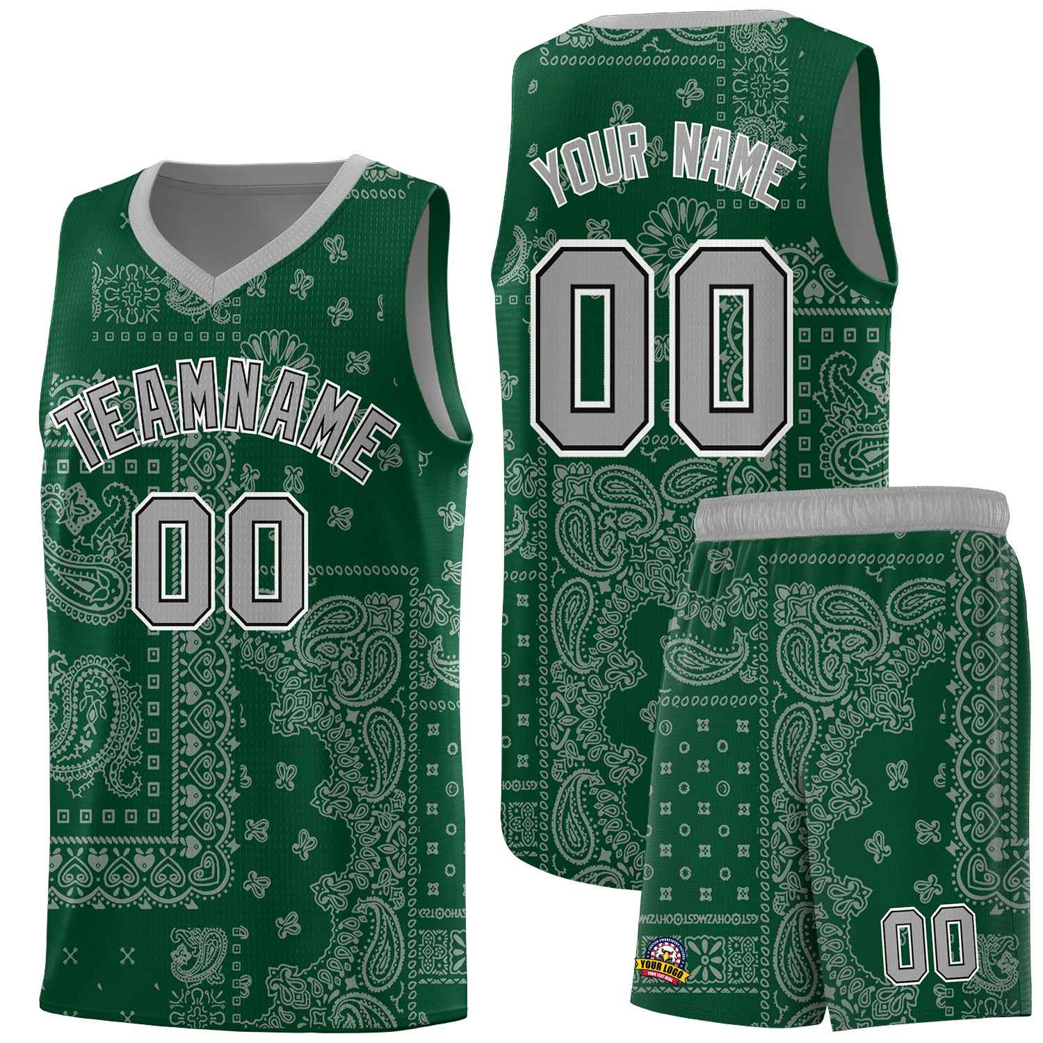 Custom Green Basketball Kits With Silver Gray Cashew Flower Print Pattern