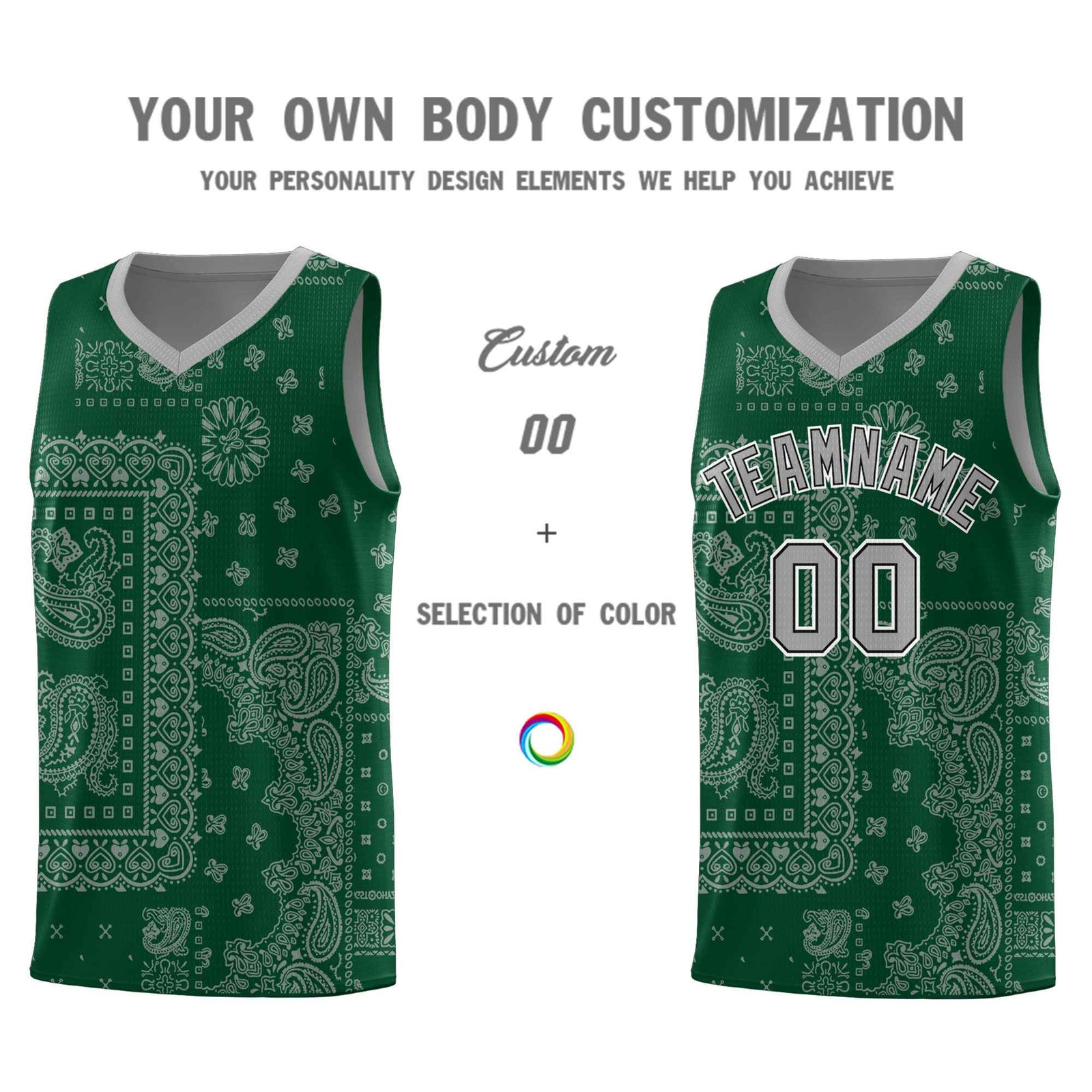 Custom Green Basketball Kits With Silver Gray Cashew Flower Print Pattern