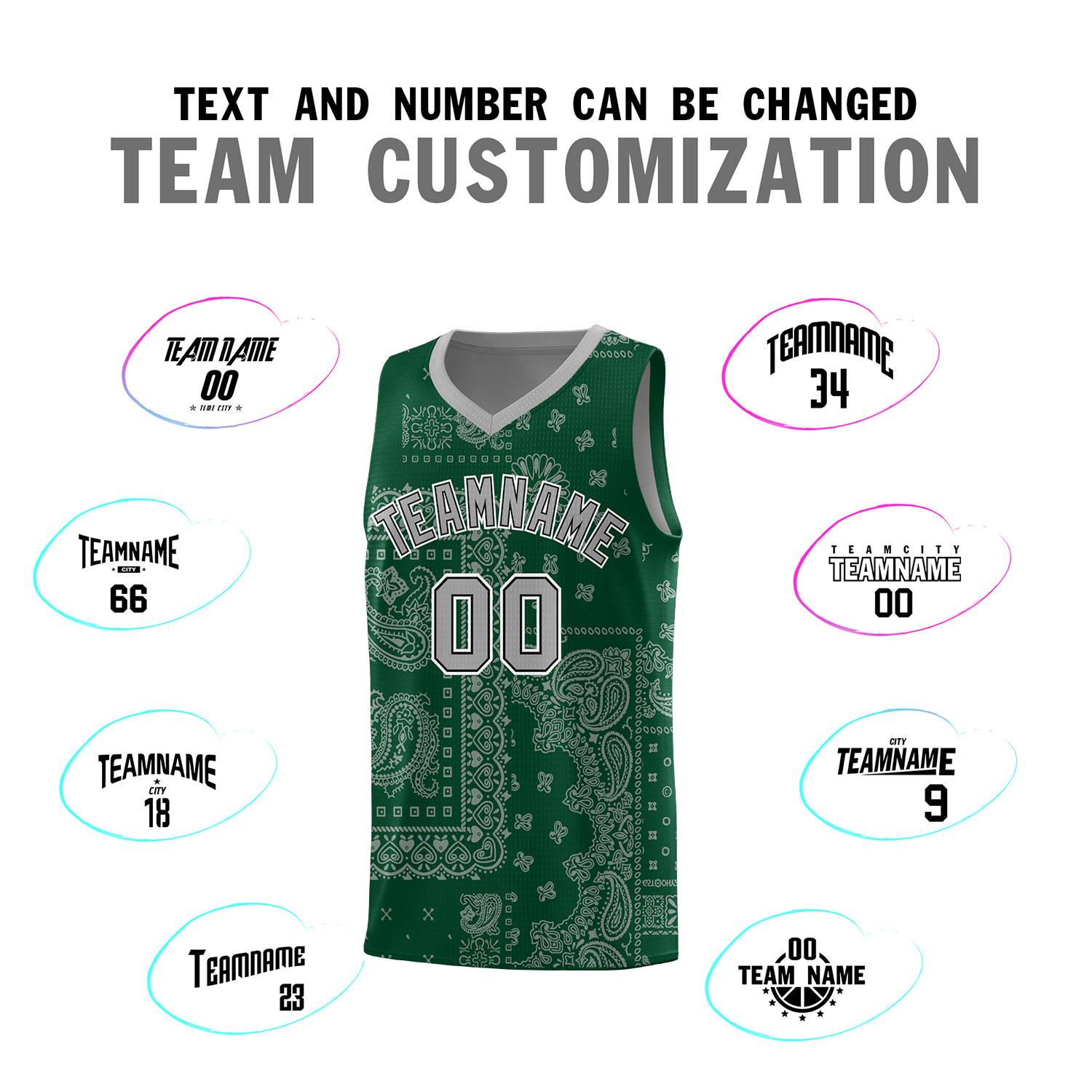 Custom Green Basketball Kits With Silver Gray Cashew Flower Print Pattern