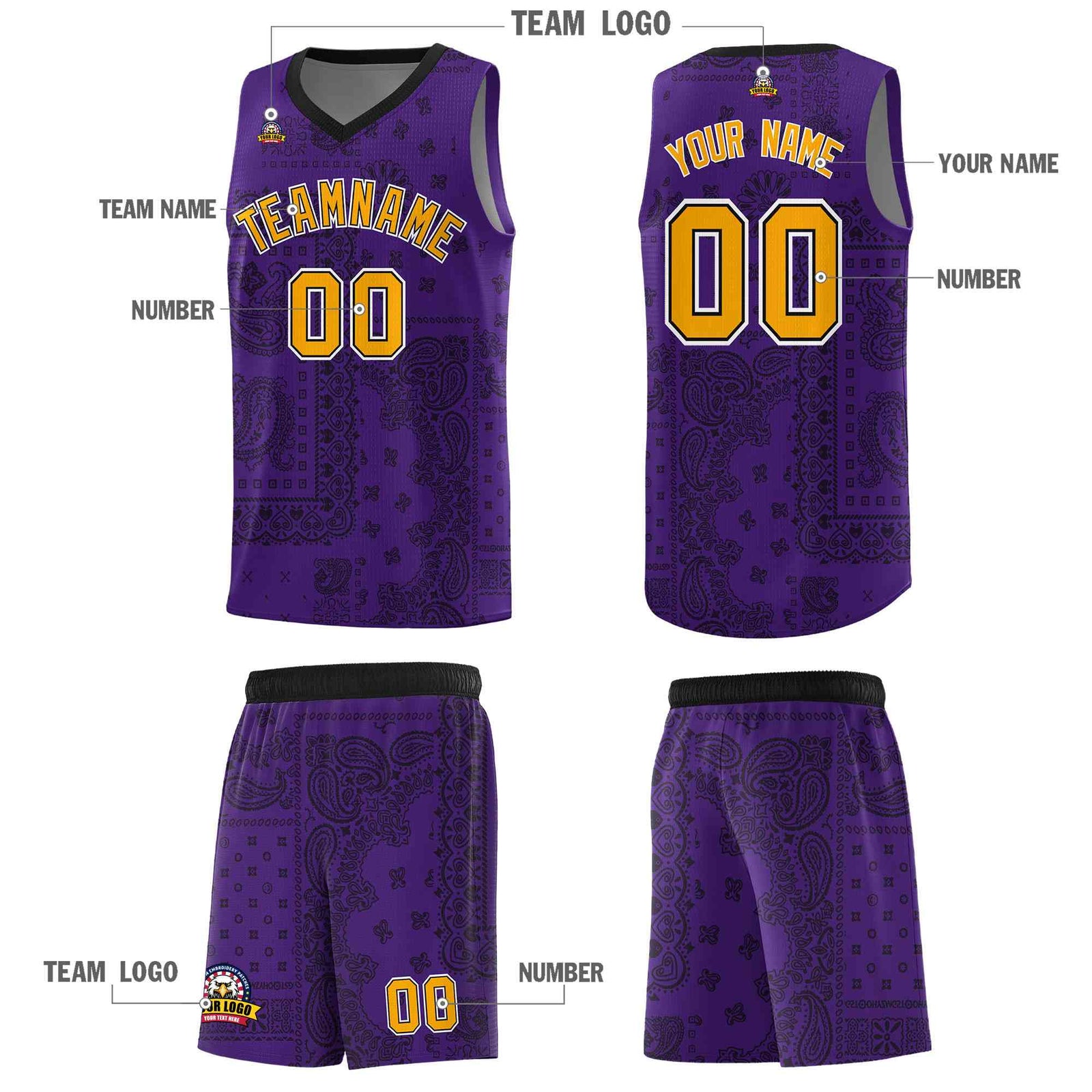 Custom Purple Basketball Kits With Black Cashew Flower Print Pattern