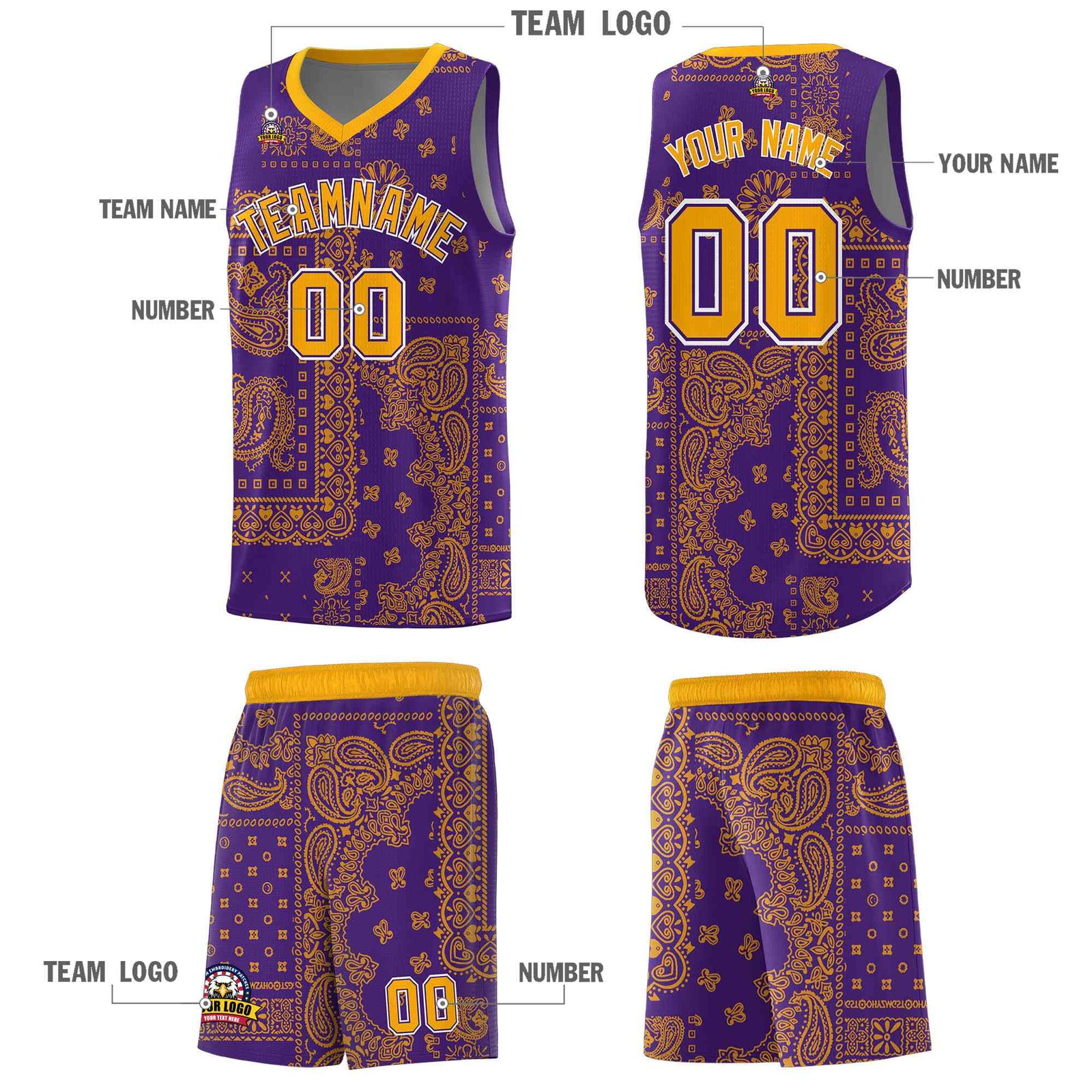 Custom Purple Basketball Kits With Yellow Cashew Flower Print Pattern