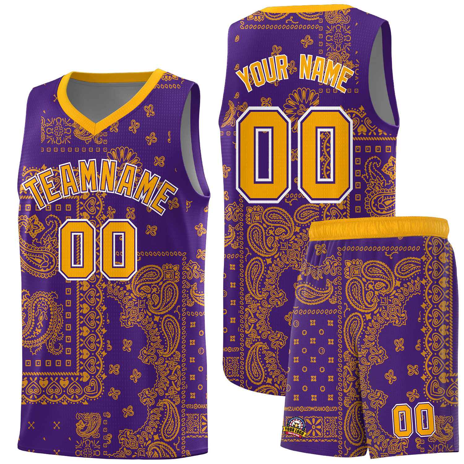 Custom Purple Basketball Kits With Yellow Cashew Flower Print Pattern
