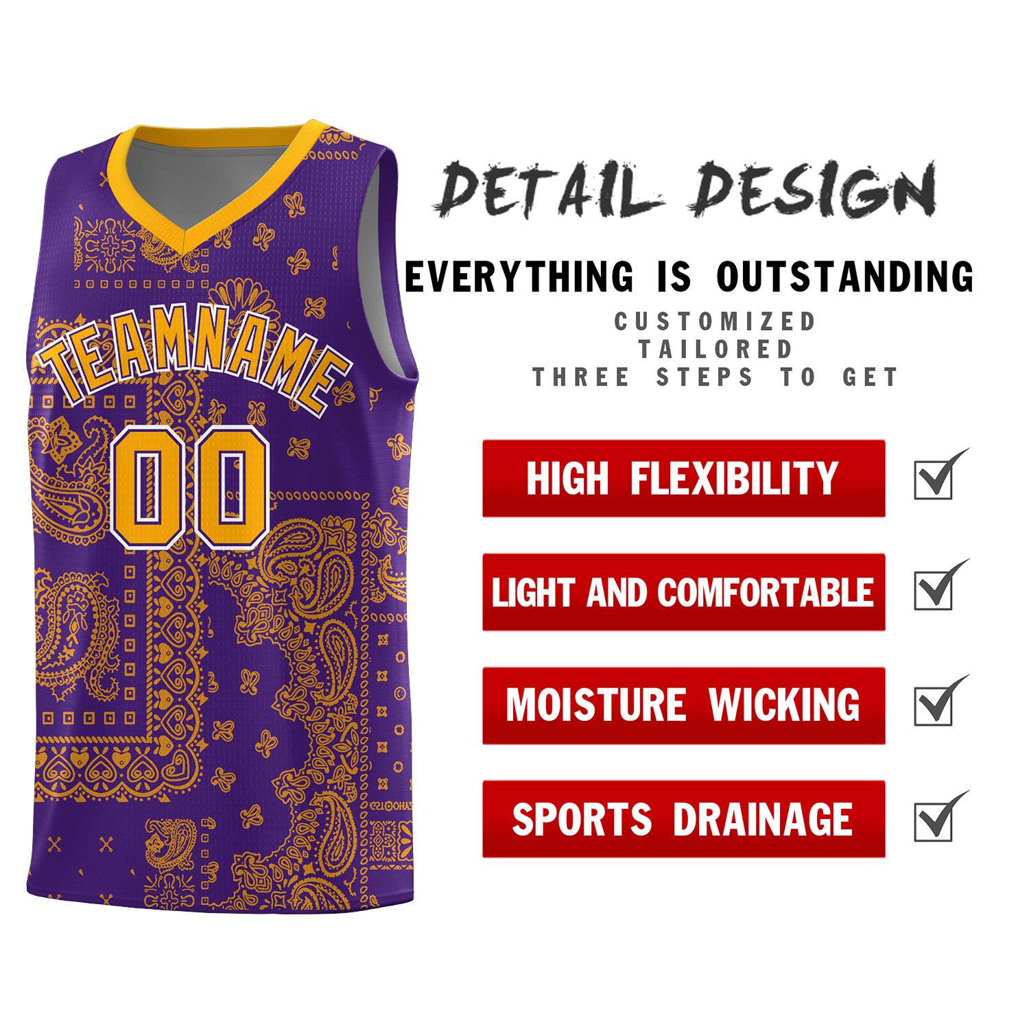 Custom Purple Basketball Kits With Yellow Cashew Flower Print Pattern