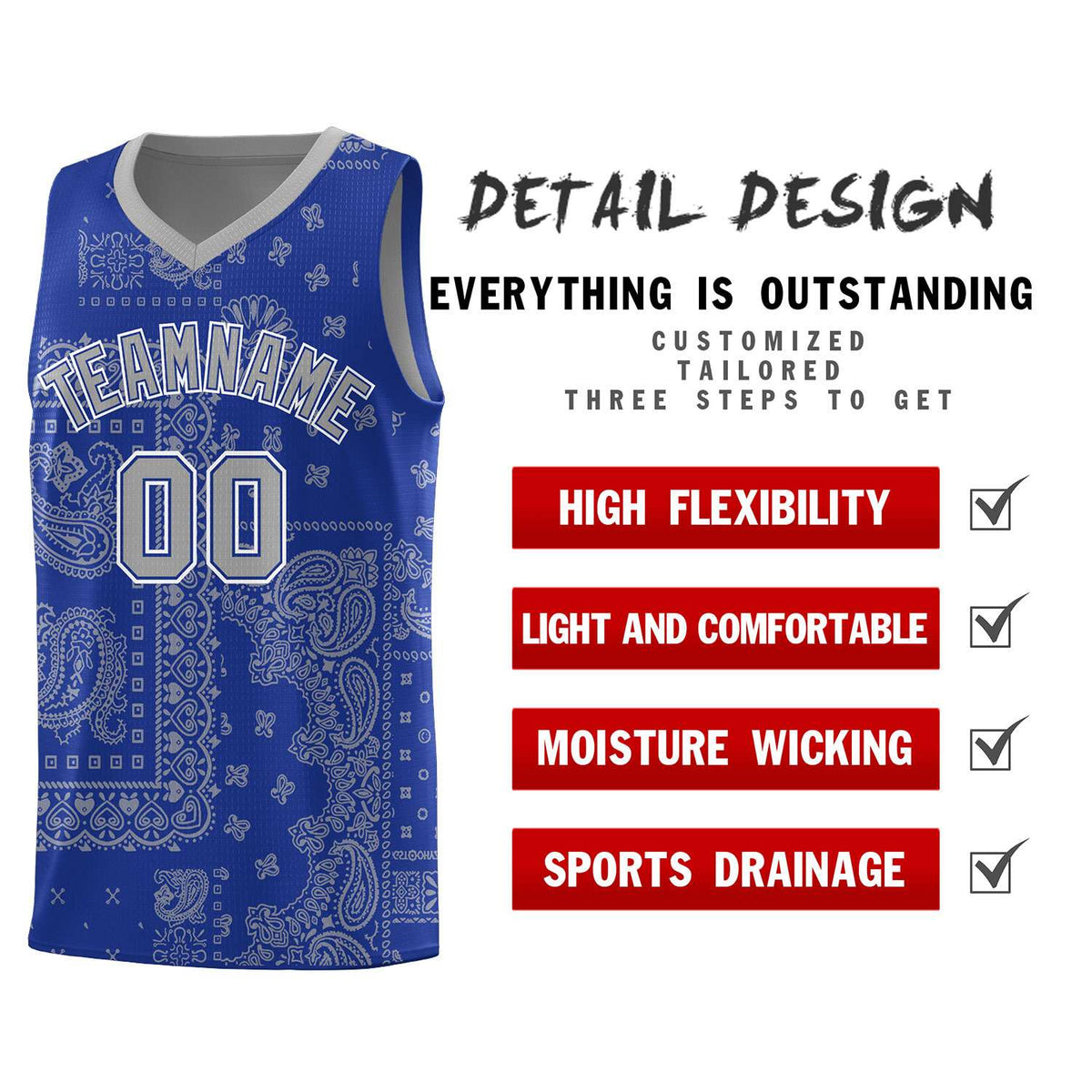 Custom Royal Basketball Kits With Silver Cashew Flower Print Pattern