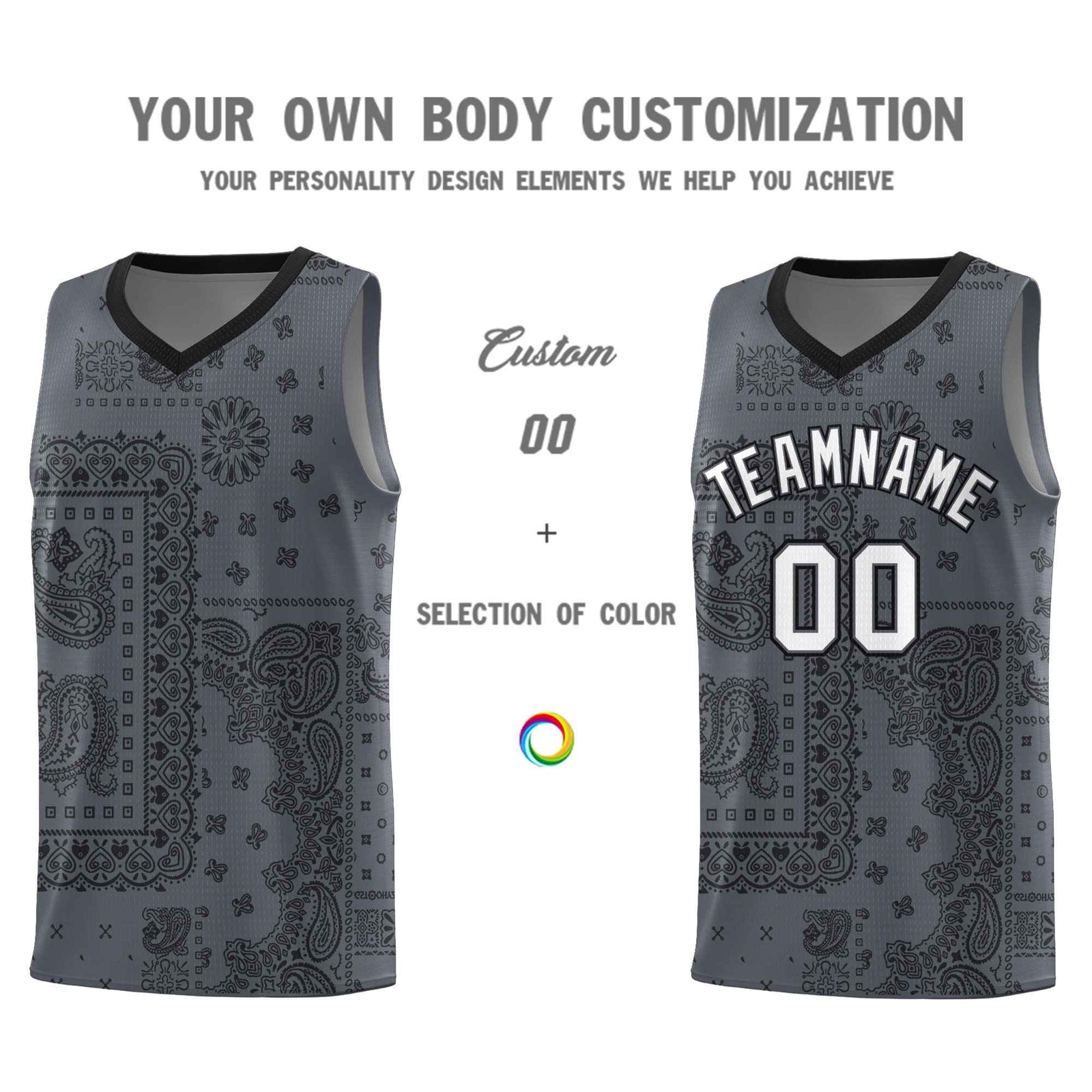 Custom Gray Basketball Kits With Black Cashew Flower Print Pattern