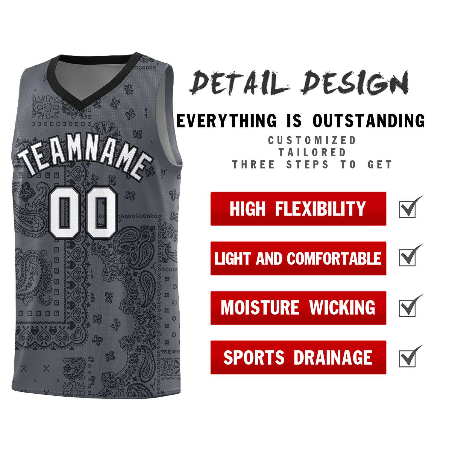 Custom Gray Basketball Kits With Black Cashew Flower Print Pattern