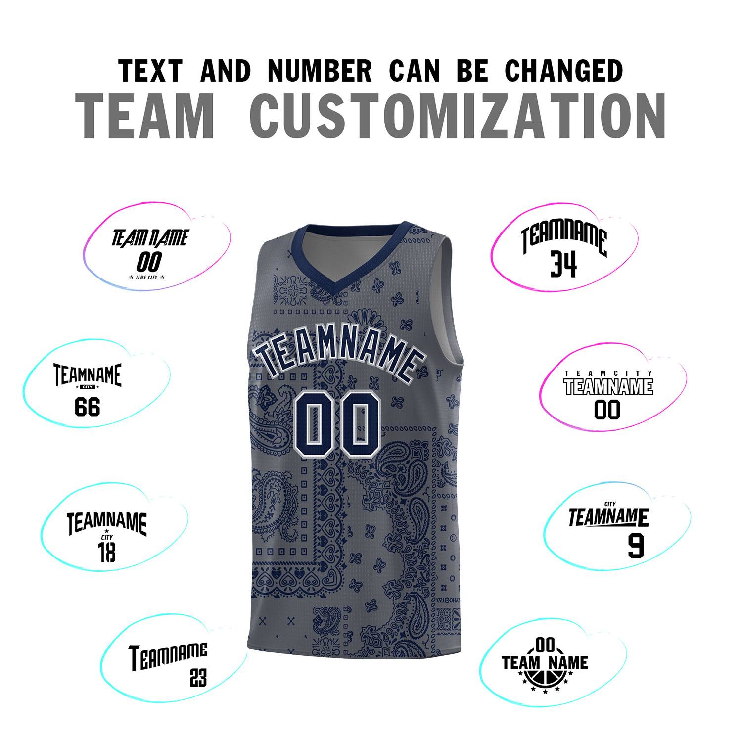 Custom Gray Basketball Kits With Navy Cashew Flower Print Pattern