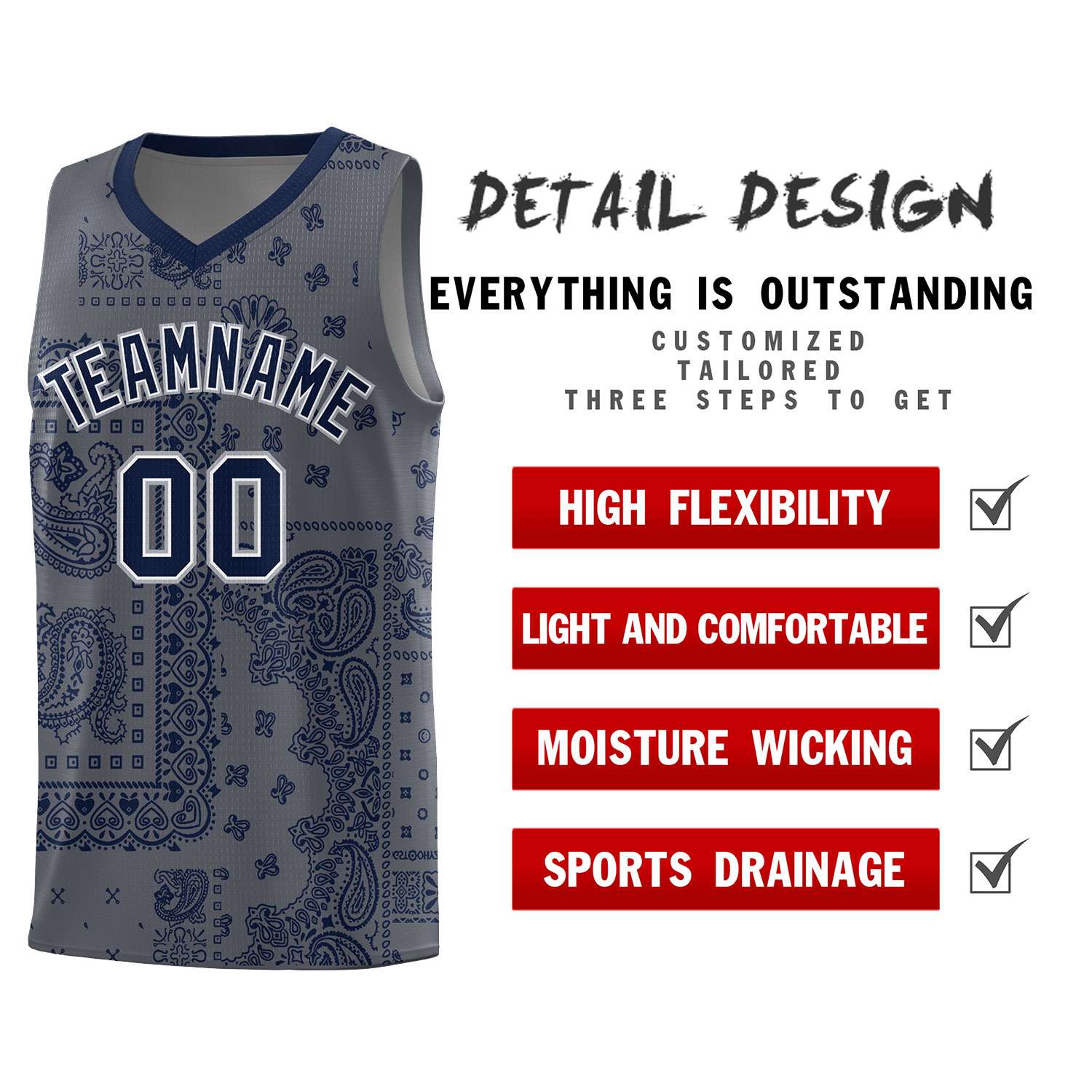Custom Gray Basketball Kits With Navy Cashew Flower Print Pattern