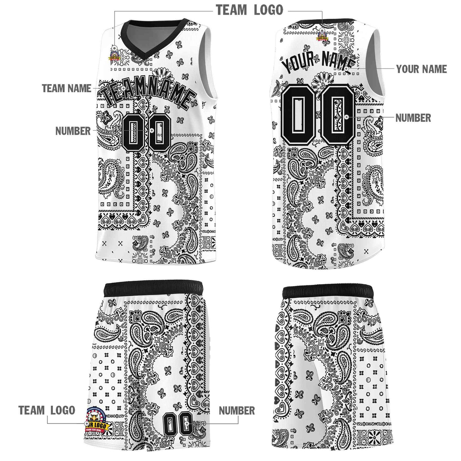Custom White Basketball Kits With Black Cashew Flower Print Pattern