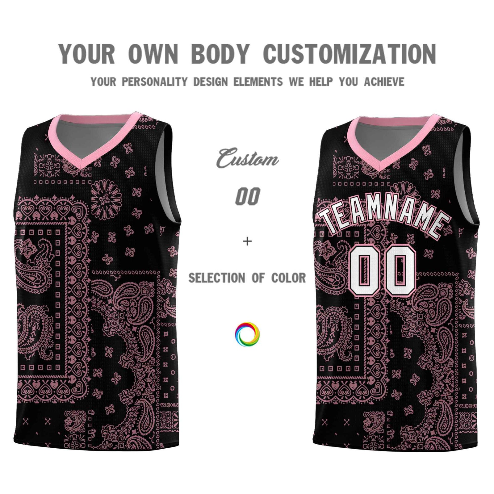 Custom Black Basketball Kits With Light Pink Cashew Flower Print Pattern