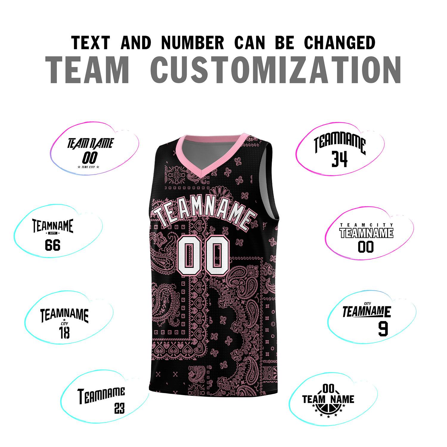 Custom Black Basketball Kits With Light Pink Cashew Flower Print Pattern