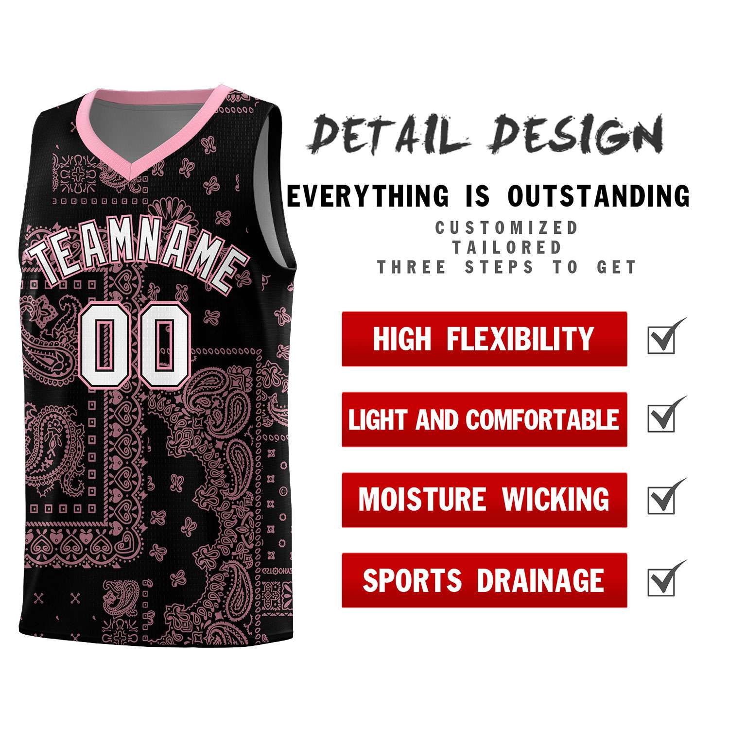 Custom Black Basketball Kits With Light Pink Cashew Flower Print Pattern