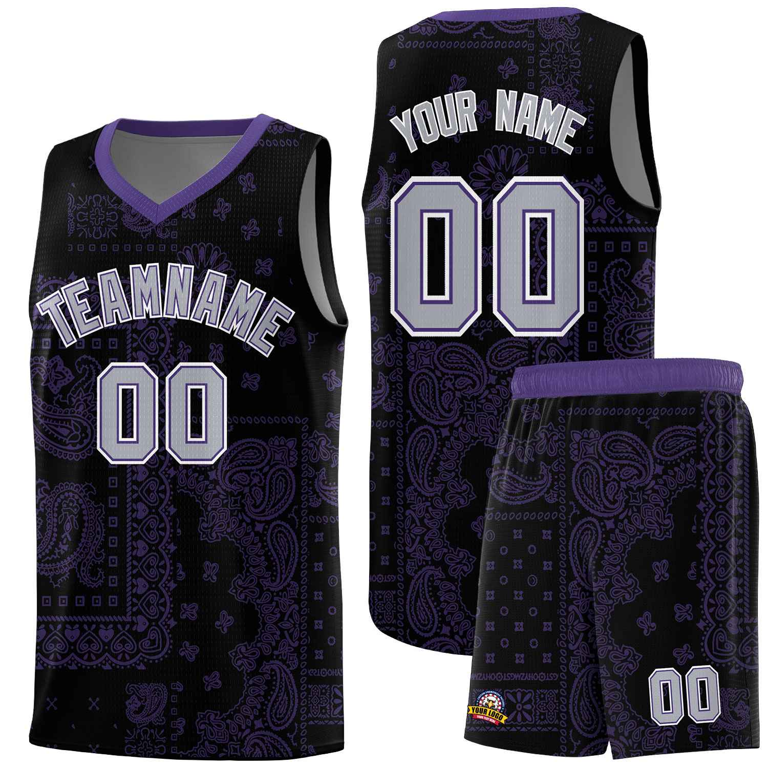 Custom Black Basketball Kits With Purple Cashew Flower Print Pattern