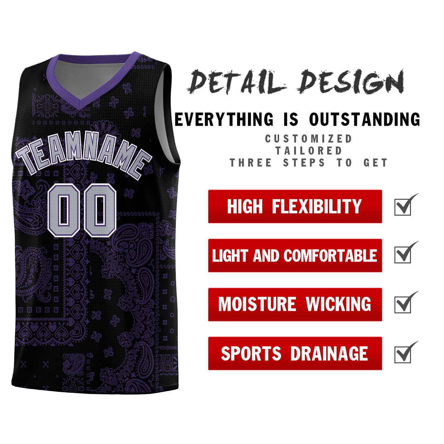 Custom Black Basketball Kits With Purple Cashew Flower Print Pattern
