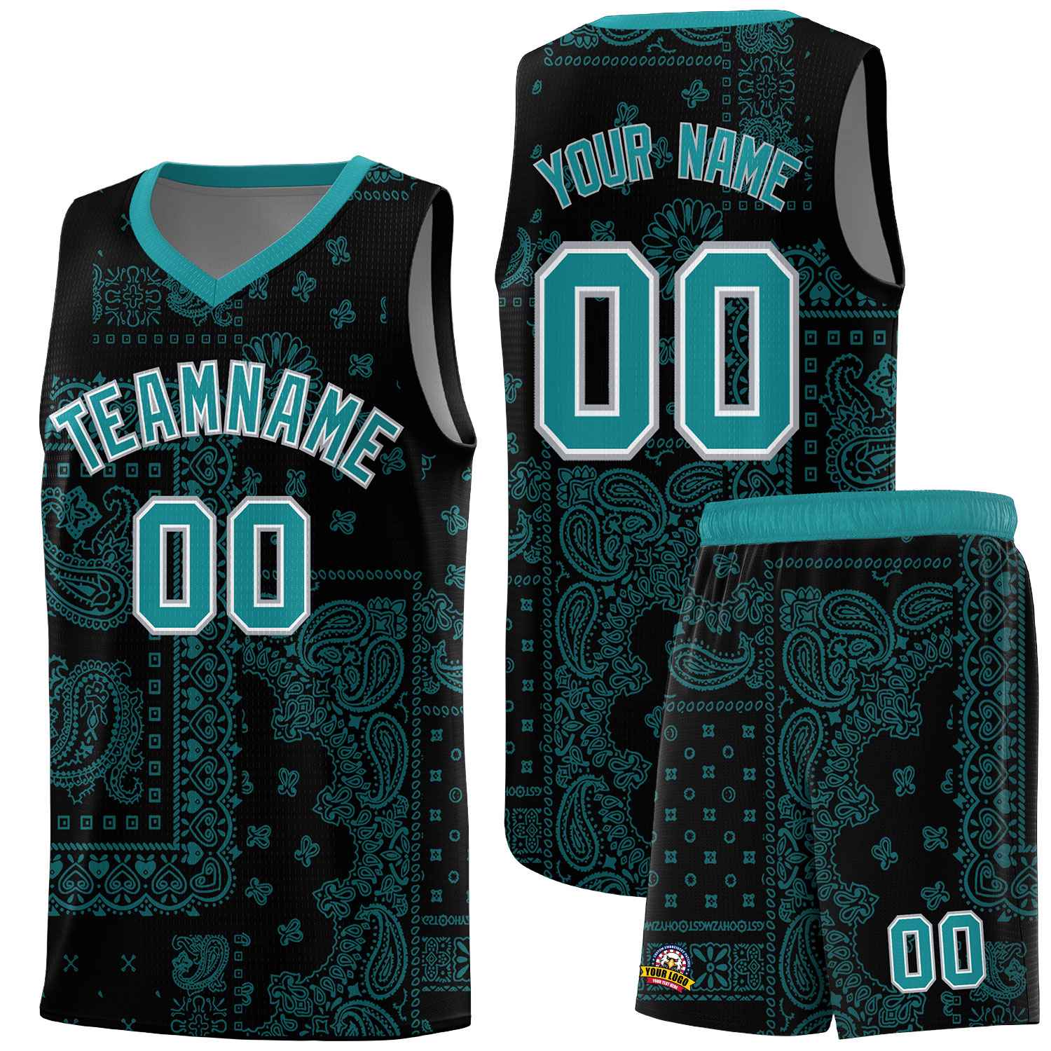 Custom Black Basketball Kits With Aqua Cashew Flower Print Pattern